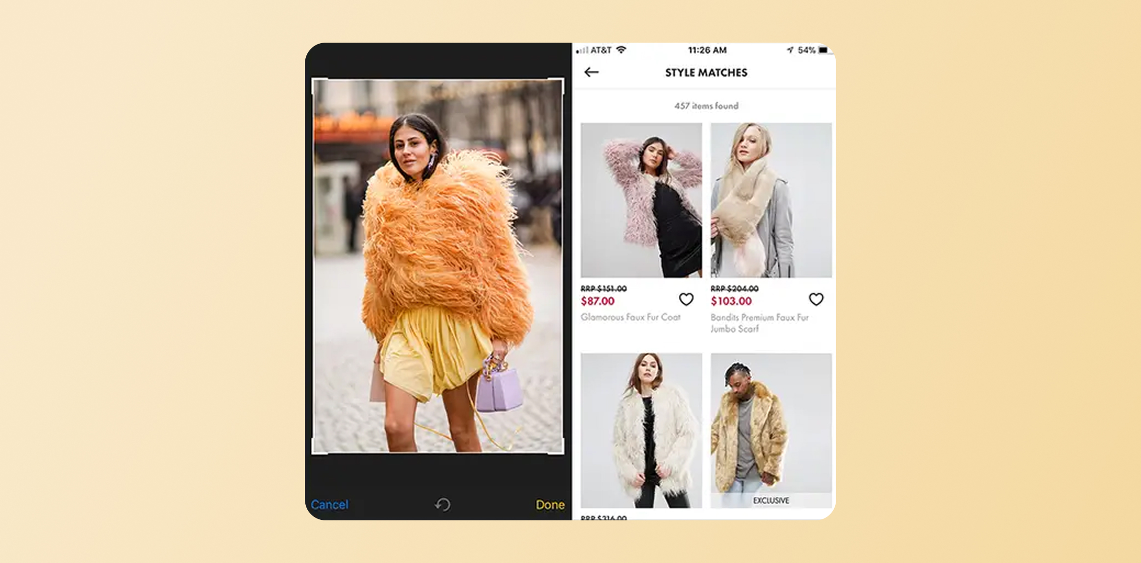 Mobile shopping app screen: left side shows a model in an orange faux fur coat; right side grid of clothing items with prices.