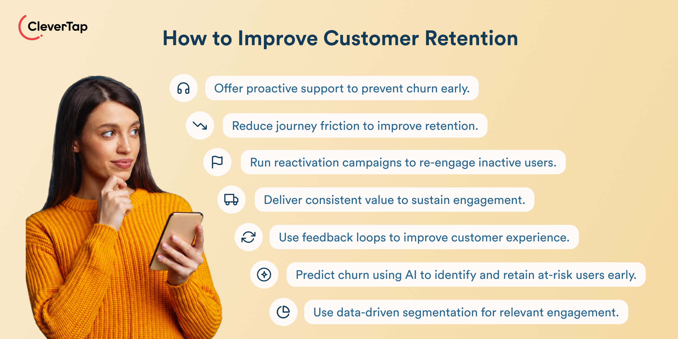 Infographic titled 'How to Improve Customer Retention' showing six tip bubbles with icons and a woman in an orange sweater on the left, branding in corner.