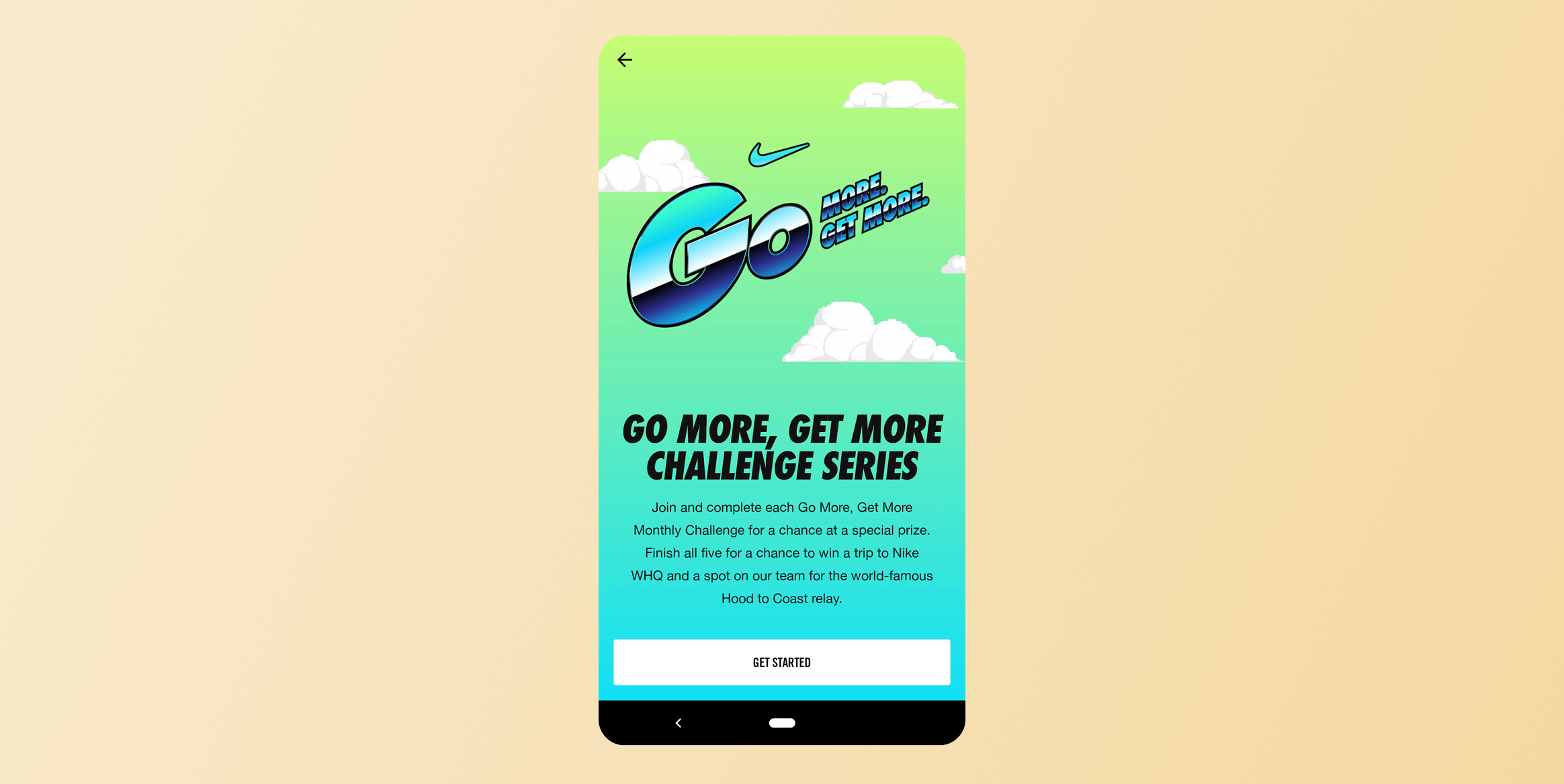 Mobile screen showing a gradient-green-to-teal poster advertisement for the 'Go More, Get More Challenge Series,' with a large blue 'Go' logo, clouds, and a 'Get Started' button.