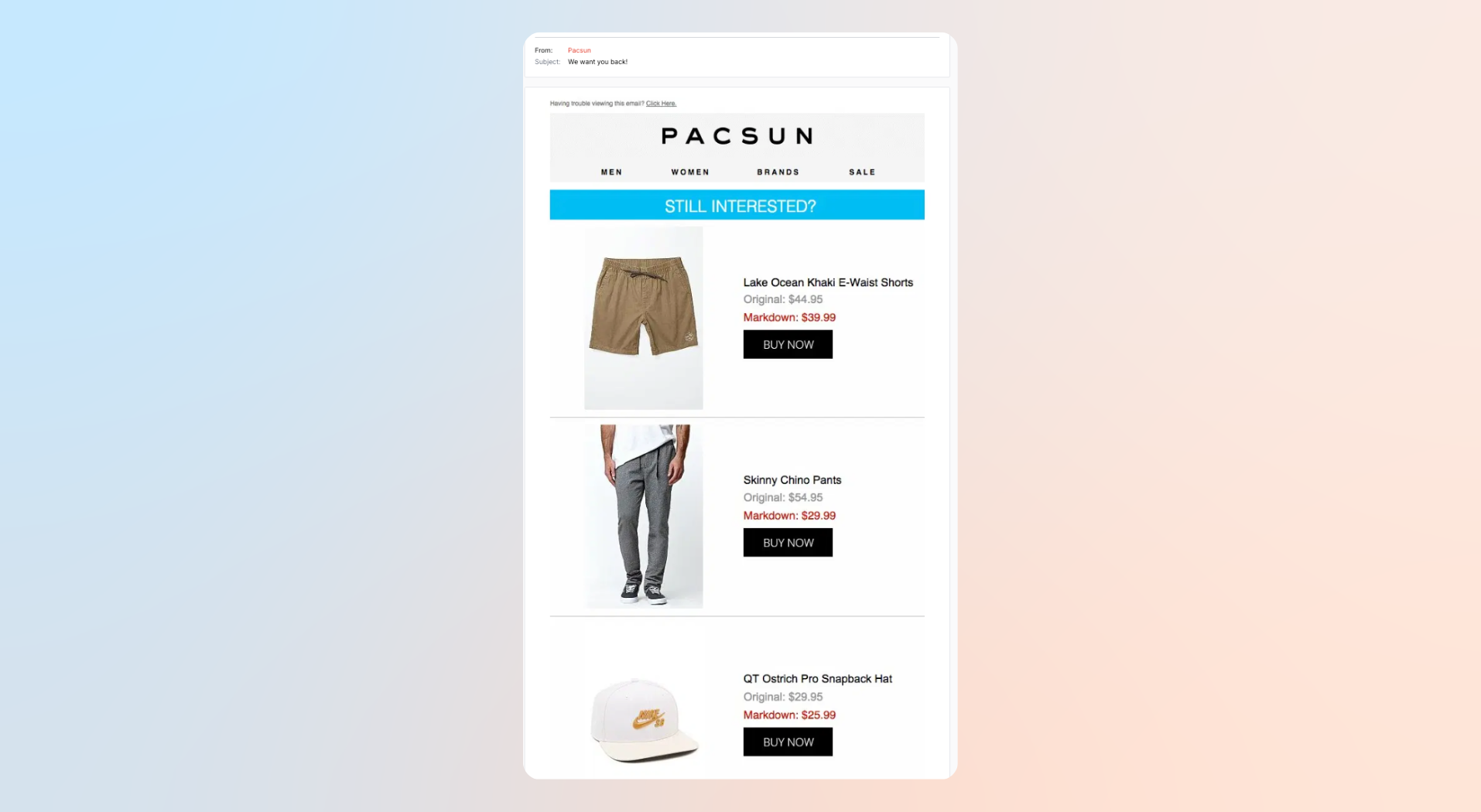 Promotional PacSun email showing a product grid with shorts, pants, and a hat, each with original and sale prices and Buy Now buttons.