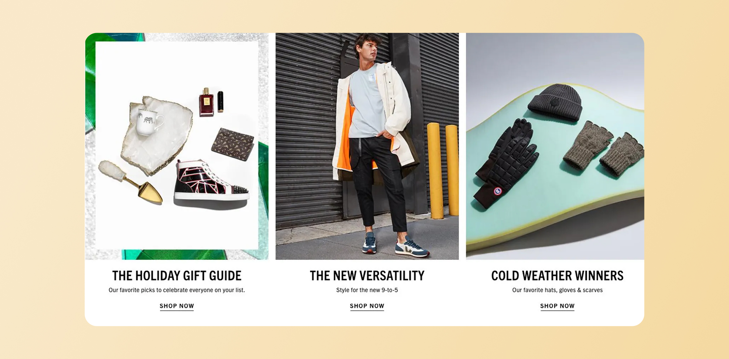 Three-panel collage: left shows a flat lay of gifts (sneaker, mug, cosmetics) on white with colorful borders; center features a man in a light blue shirt and beige coat posing by a black industrial wall; right displays winter accessories&mdash;gloves, beanie, and mittens on a light teal board.
