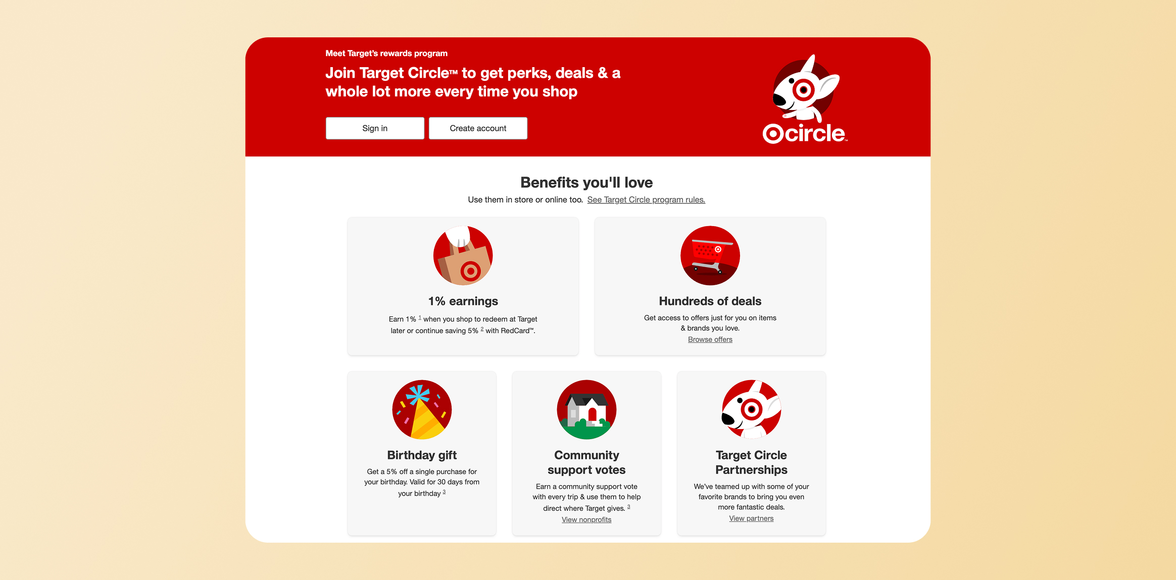 Hero banner promoting Target Circle rewards with a red background, mascot, and Sign in / Create account buttons for the program