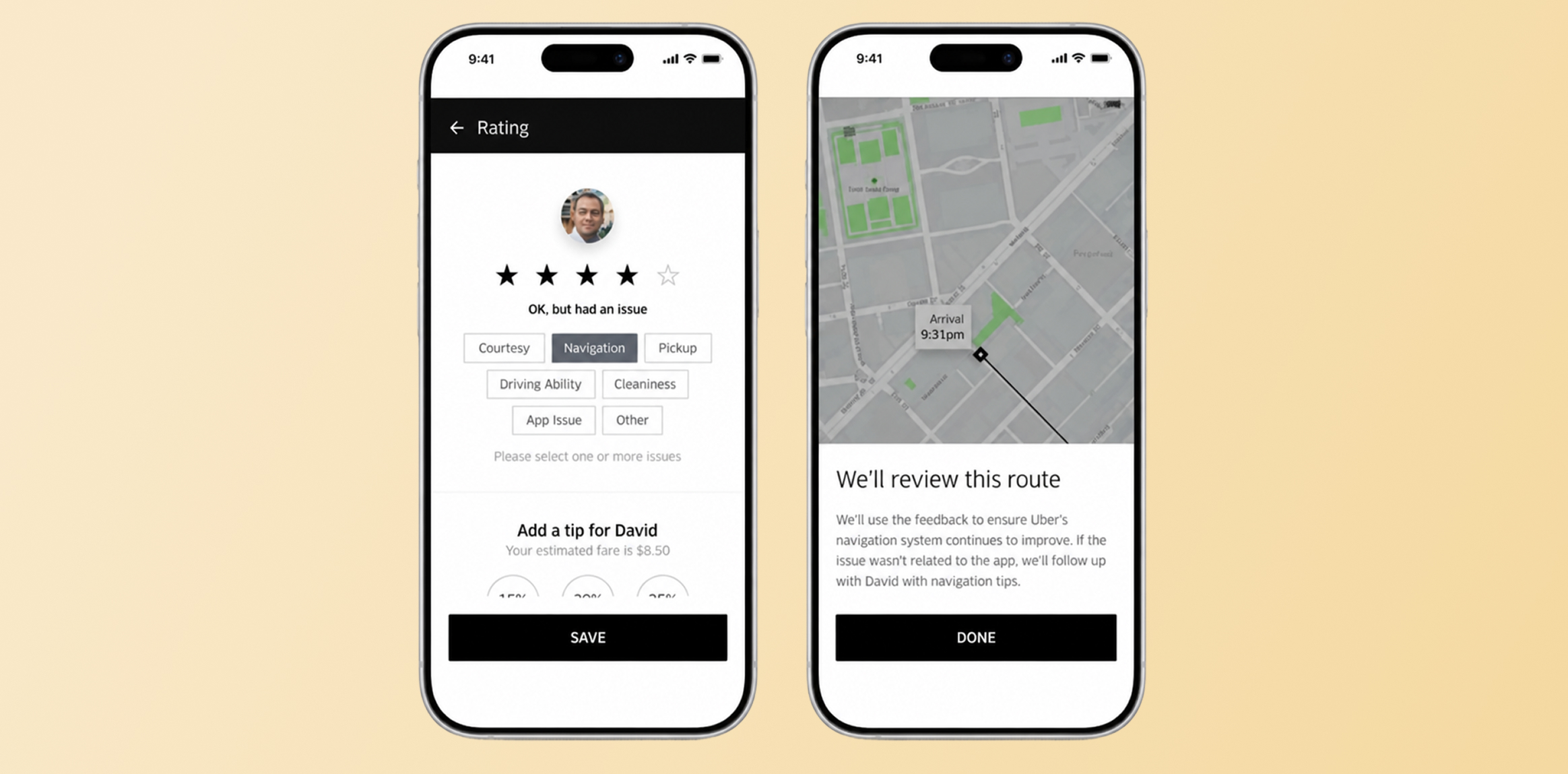 Two iPhone screens side by side: left shows a user rating form with avatar, five stars, and option buttons (Navigation highlighted); right shows a map with a route line and a banner saying 'We'll review this route.'