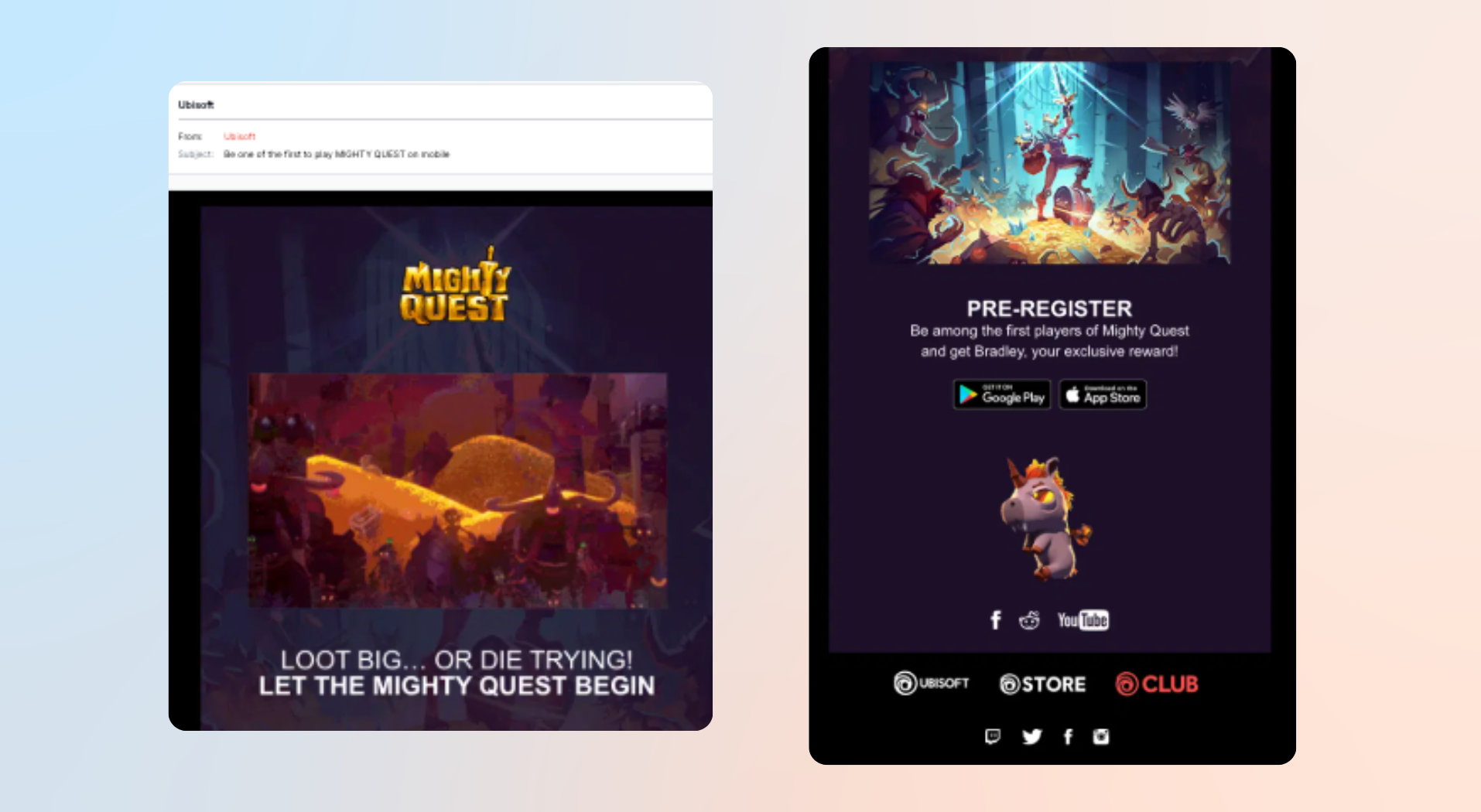 Two side-by-side Mighty Quest promos: left shows dark in-game art with 'Let the Mighty Quest begin' slogan, right invites pre-register with colorful artwork and app-store badges.