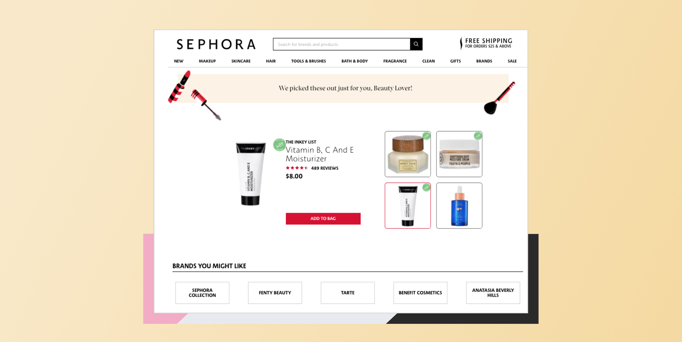 Sephora product page showing a moisturizer card (Vitamin B, C, and E Moisturizer) priced $8 - Behavioral-Triggered Offers: Real-World Customer Engagement Example