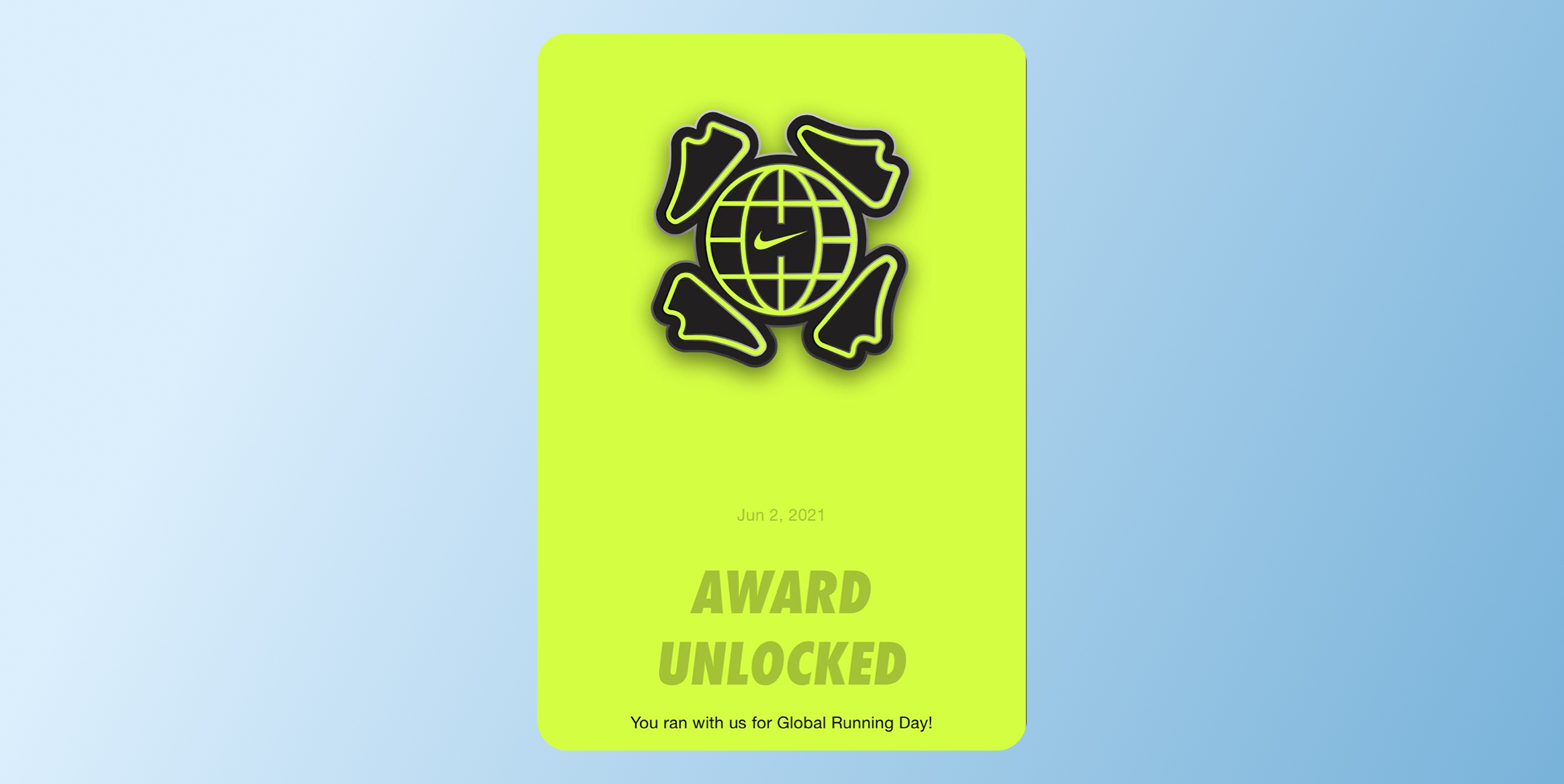 Bright lime award card featuring a globe with a winged emblem and the text 'AWARD UNLOCKED' with the date Jun 2, 2021. Drive Habit Formation Through Core Actions