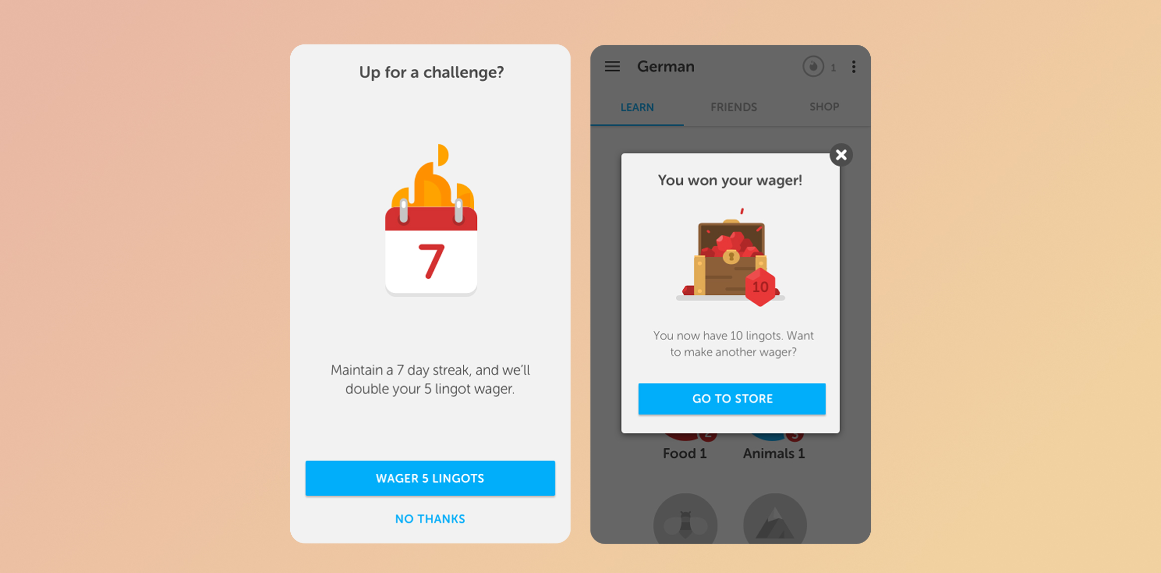 Left panel: a calendar flame illustration with text 'Up for a challenge?' and buttons 'WAGER 5 LINGOTS' and 'NO THANKS' (promo dialog for challenges). Updated streak rewards graphic on white card. Duolingo's streak mechanic