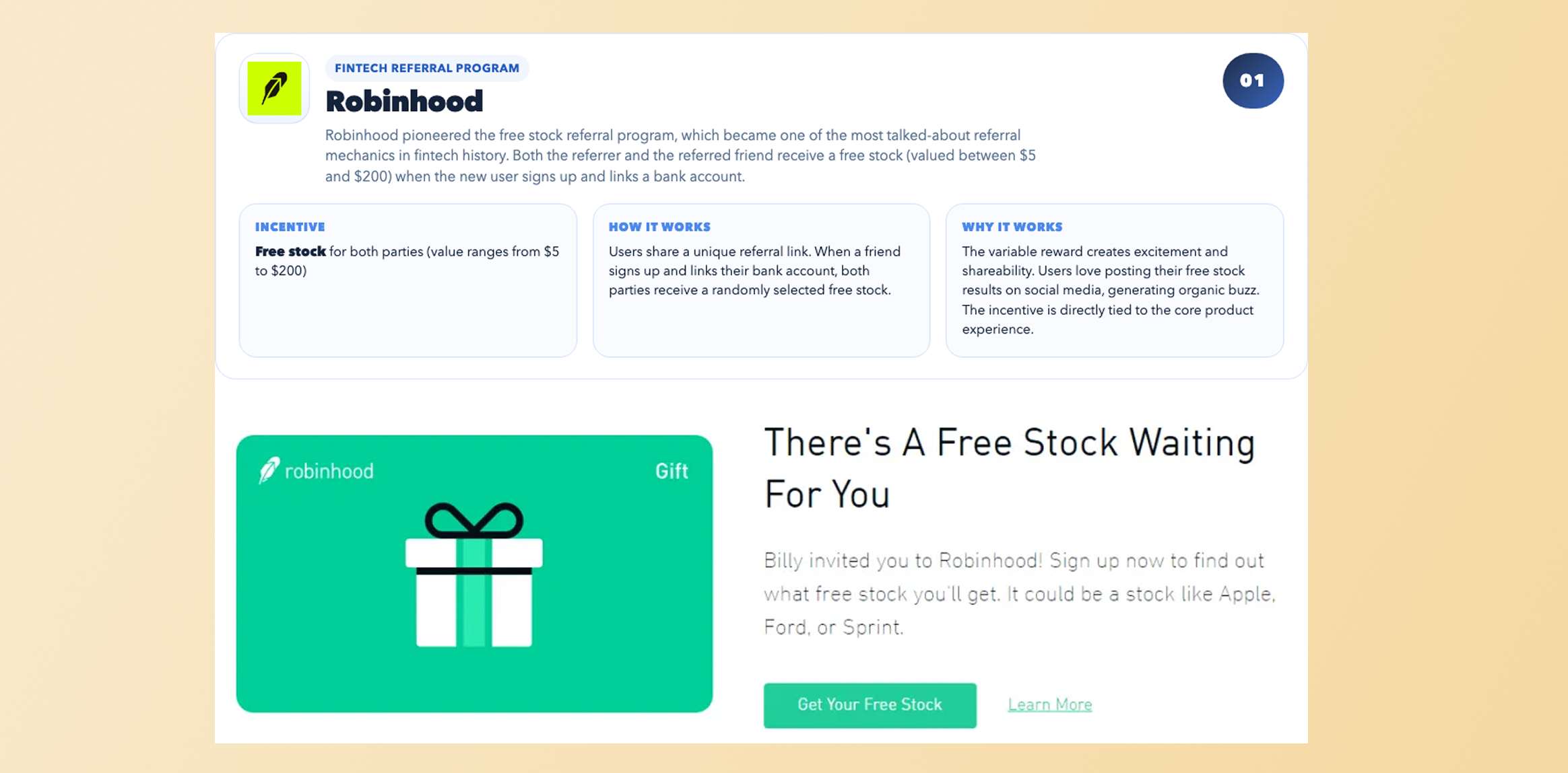 Infographic: Robinhood fintech referral program with three info cards- Incentive, How it works, Why it works, and logo at top. Gamified Referral Programs: Real-World Customer Engagement Example