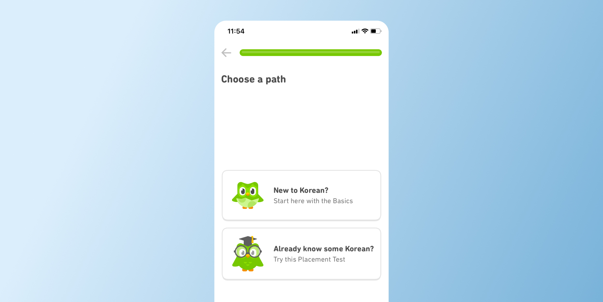 Mobile UI with 'Choose a path' heading, green progress bar, and two course cards featuring a green owl mascot on a white panel. But the heading is centered on a white device mockup against a blue gradient background. Optimize First-Time User Experience - Mobile App Retention Strategy