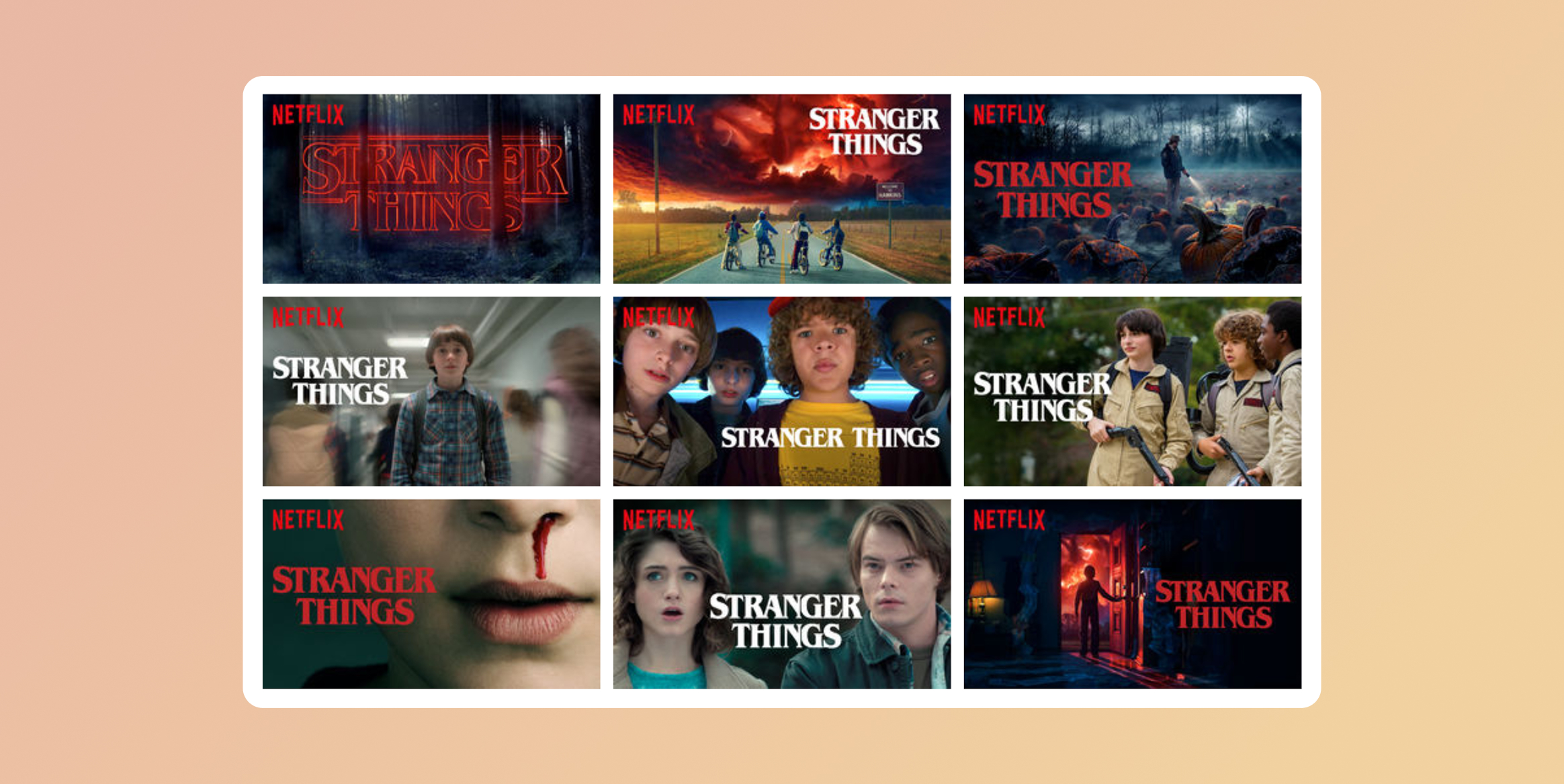 Grid of Netflix Stranger Things posters displayed on a white rounded-card gallery against a peach gradient background. Personalize Customer Experiences Using Behavioral Data