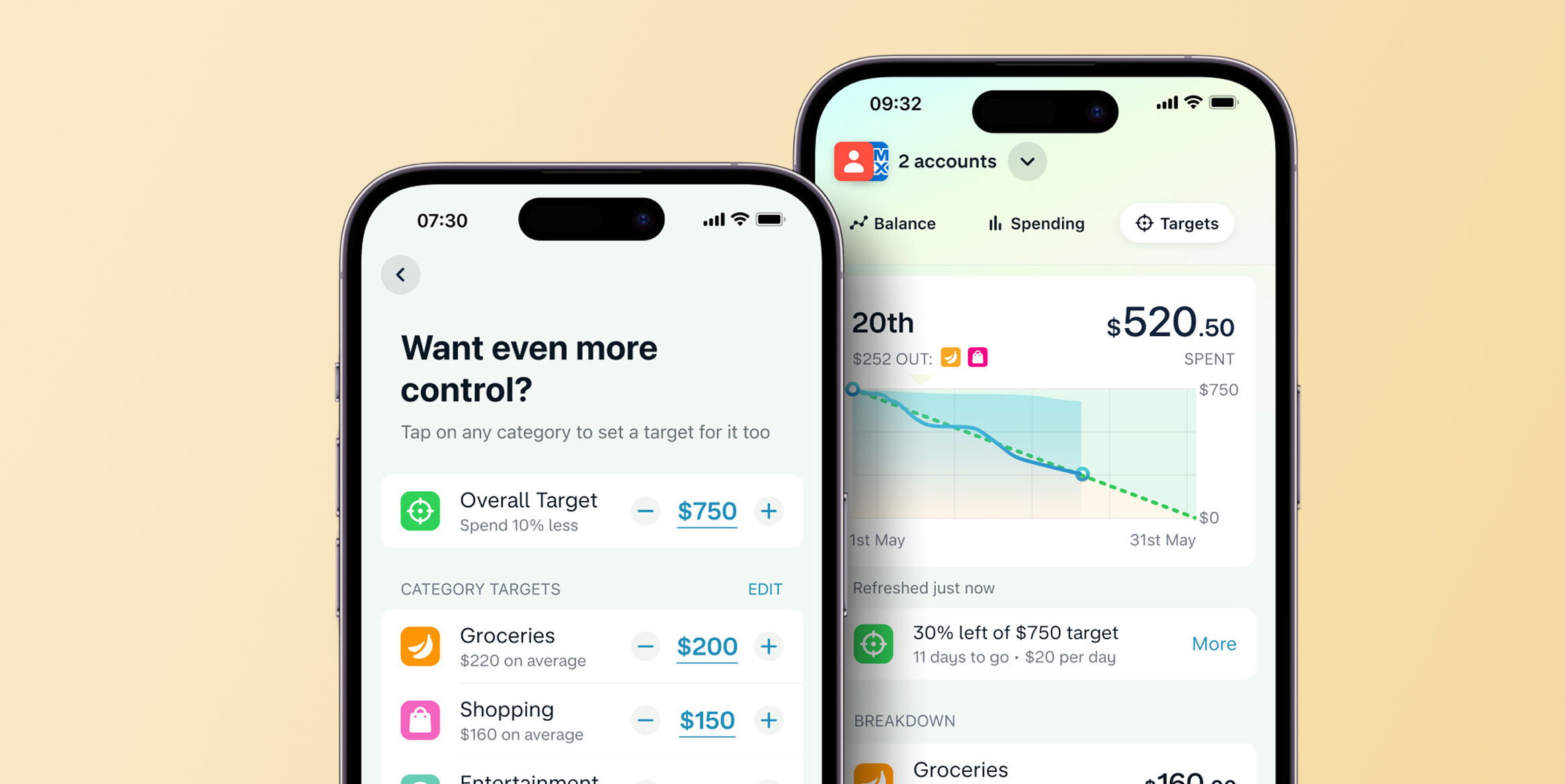 Two iPhone screens showing a budgeting app with target groceries, shopping, and entertainment categories and a chart of spending progress. Personalized Spending Insights: Real-World Customer Engagement Example