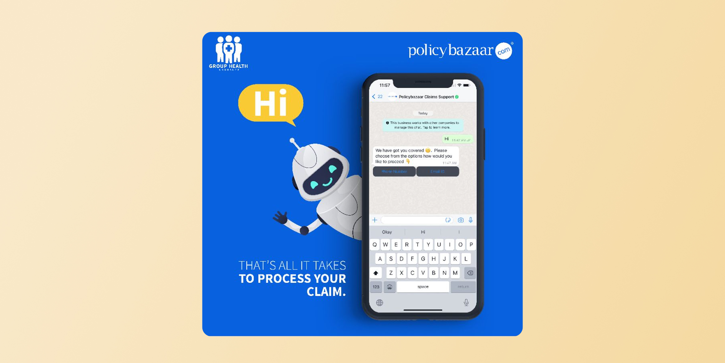 Robot mascot on a blue poster waving beside a smartphone showing a chat about processing a claim; includes PolicyBazaar branding and the slogan 'That's all it takes to process your claim.' Proactive Claim Status Updates