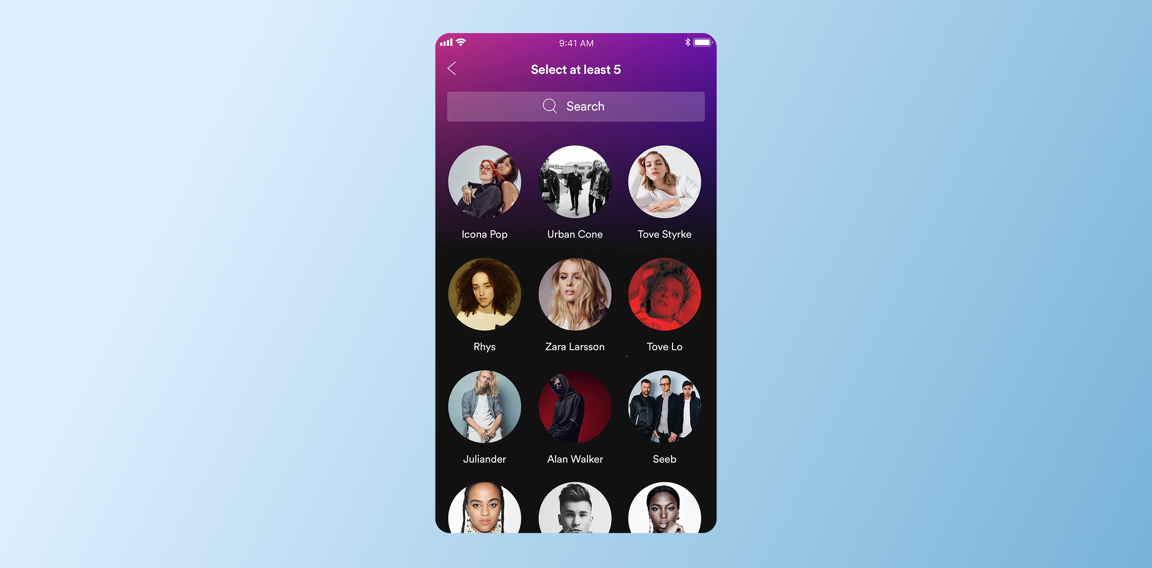Mobile screen showing a 'Select at least 5' gallery with circular artist avatars and a Search bar at the top. Reduce Time to First Value - Mobile App Retention Strategy