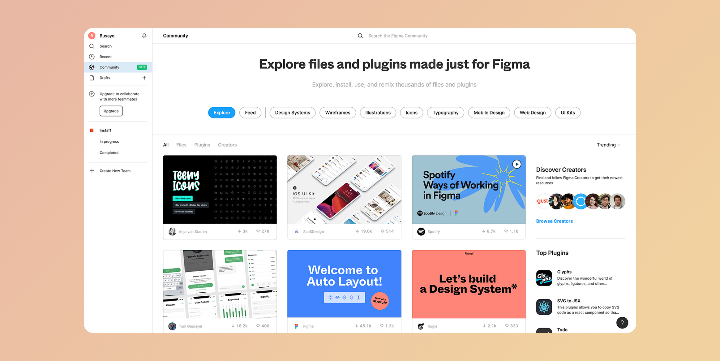 Figma Community homepage showing search, category pills, and a grid of project cards with previews and user info on the left sidebar. Turn Customers into Advocates and Communities- Customer Retention Strategies & Tactics