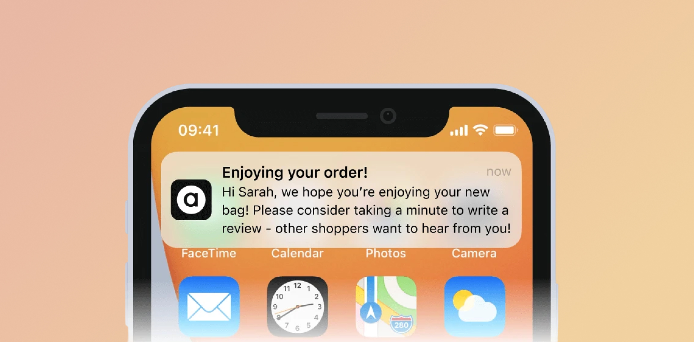 Close-up of a smartphone screen showing a notification card that reads, "Enjoying your order!" over an orange home screen with app icons. Use Behavioral Trigger-Based Engagement