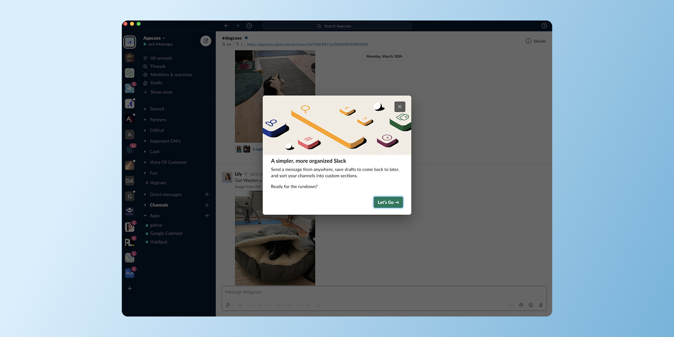 Slack-like window with a promotional modal reading 'A simpler, more organized Slack' and a green 'Let's Go' button over a dark left sidebar interface. Use In-App Messaging for Contextual Engagement