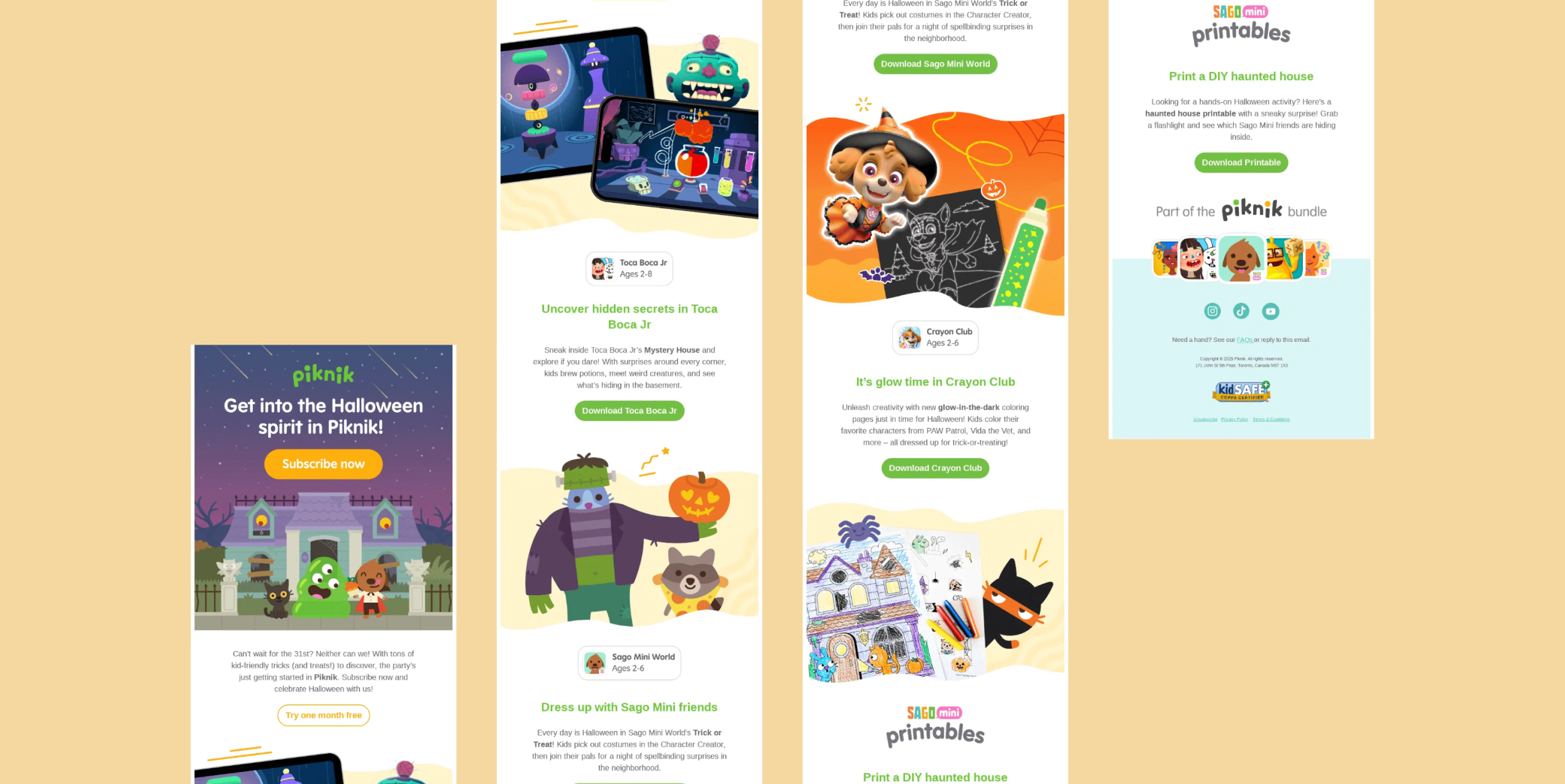 Collage of Sago Mini Halloween promo panels showing activities, printables, and downloads for kids - Halloween Email Marketing Ideas