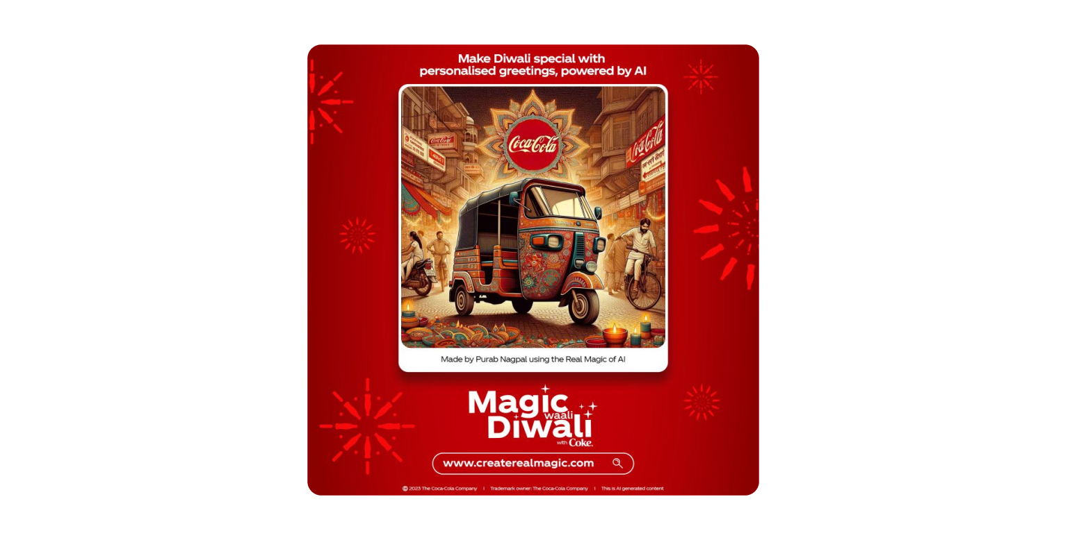 Red Coca‑Cola Diwali banner featuring a decorated auto‑rickshaw and 'Magic Diwali with Coke' promotion, with fireworks in the background - Diwali Marketing Ideas