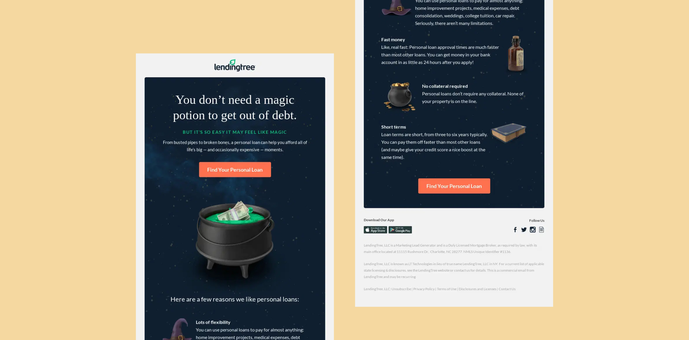 Halloween Email Marketing Ideas - LendingTree ad panel promoting personal loans with a dark starry background and a glowing cauldron of money, button reads 'Find Your Personal Loan'.