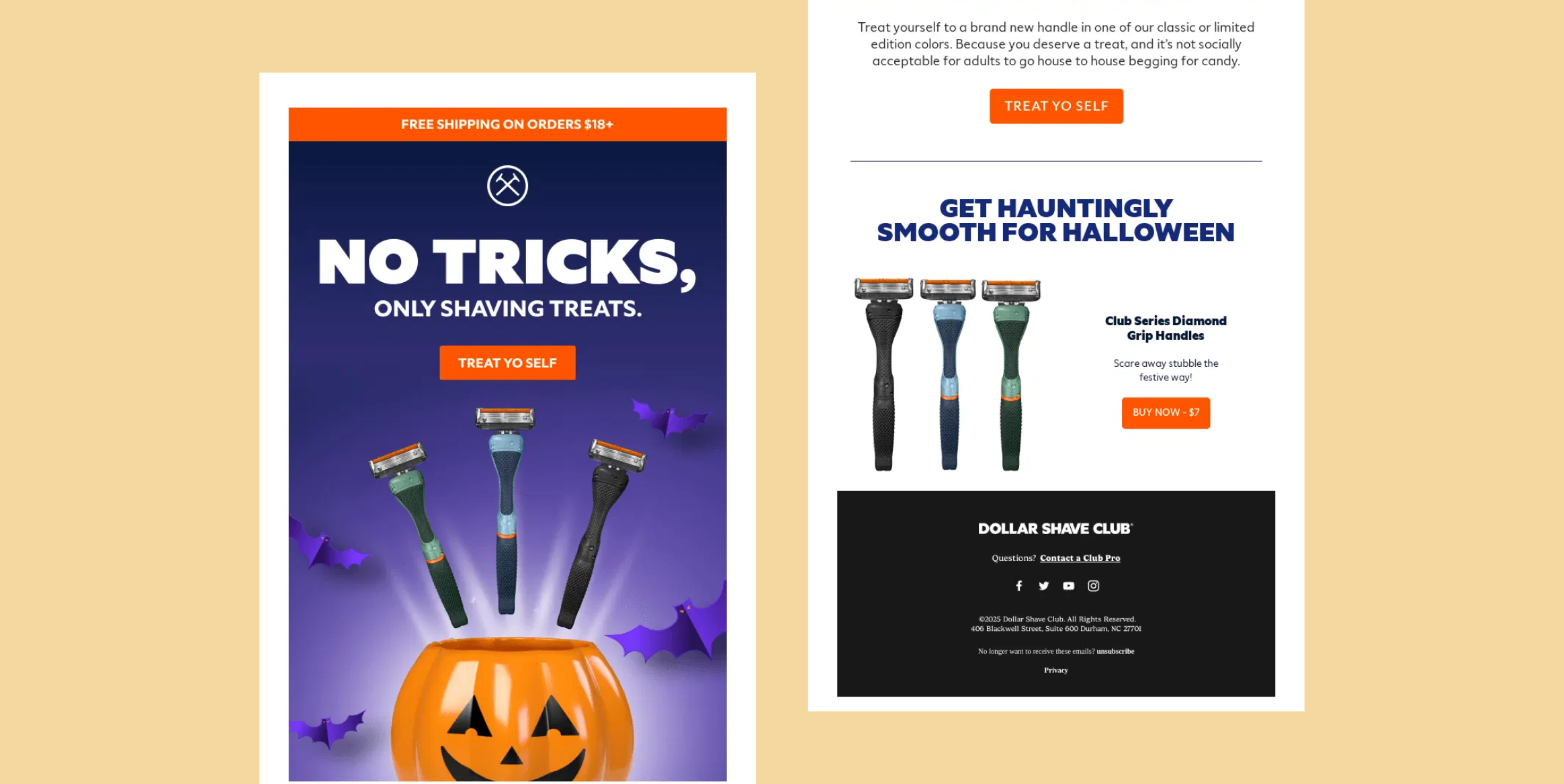 Halloween promo banner advertising shaving razors with the message 'No Tricks, Only Shaving Treats' and a 'Treat Yo Self' button next to a jack-o'-lantern scene on a blue gradient background.