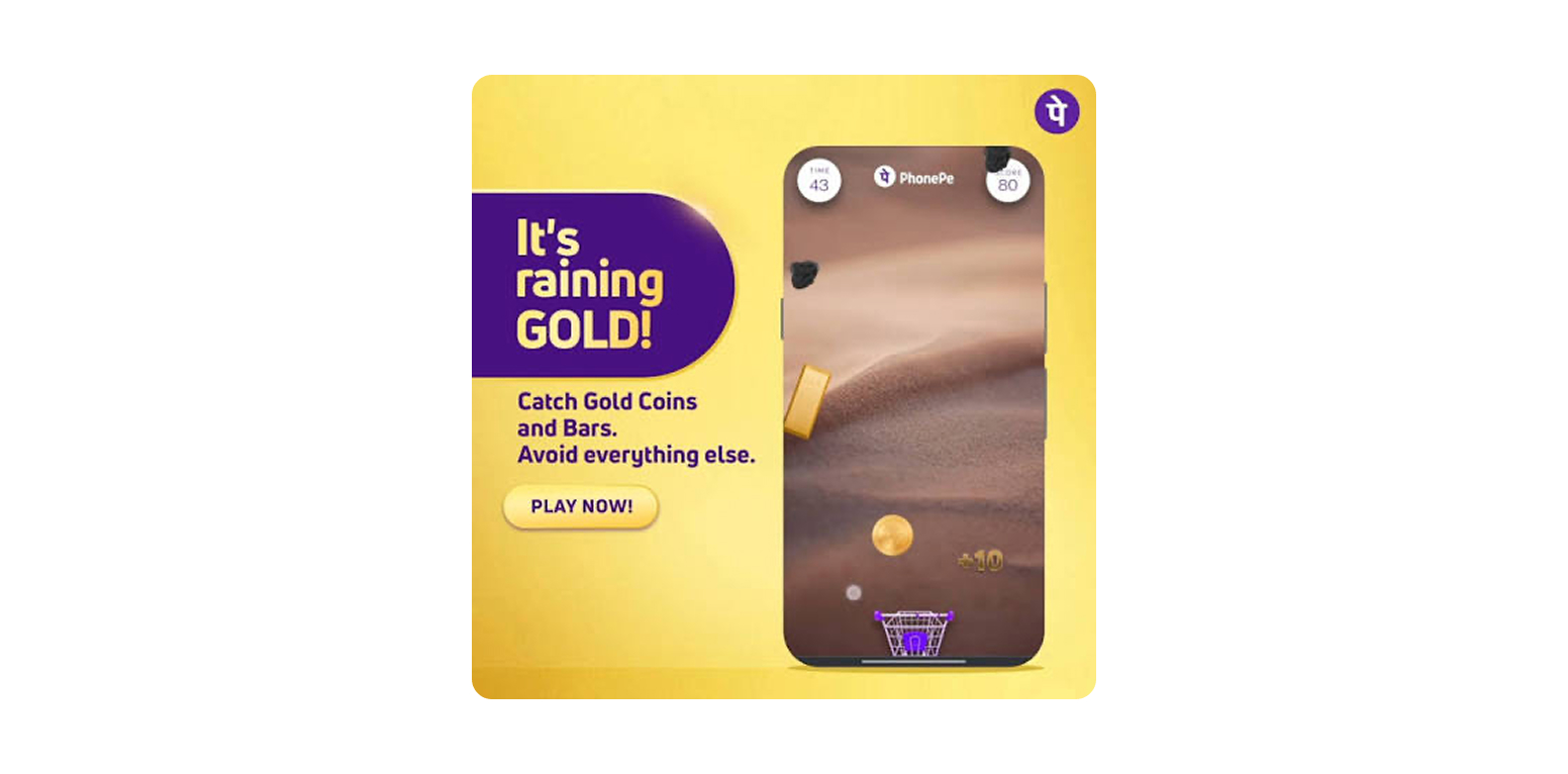 Advertisement for a mobile game: 'It's raining GOLD!' on a yellow background, showing a phone screen with falling coins and a basket - Diwali Marketing Ideas