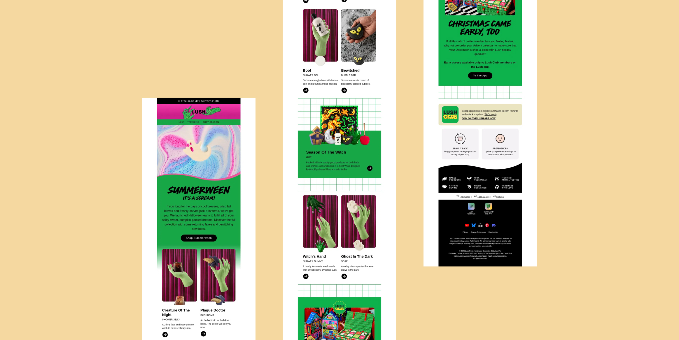 Halloween Email Marketing Ideas - Collage of Lush promotional banners for seasonal products with bold greens and pinks, featuring phrases like Summerween and Season of the Witch.