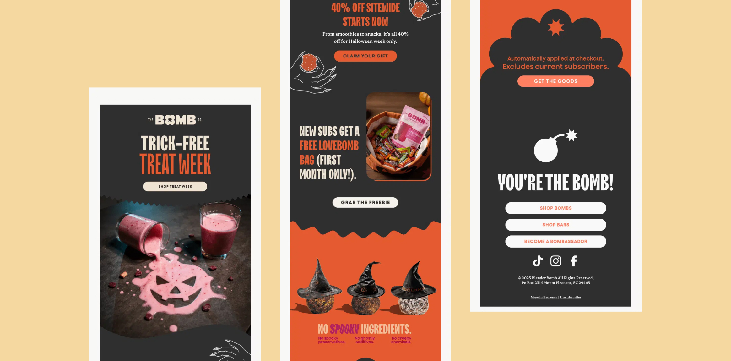 Three vertical promotional posters on a beige background: 'Trick-Free Treat Week' panel, a Halloween candy offer panel, and a 'You're the Bomb!' panel with a white bomb icon and orange accents - Halloween Email Marketing Ideas
