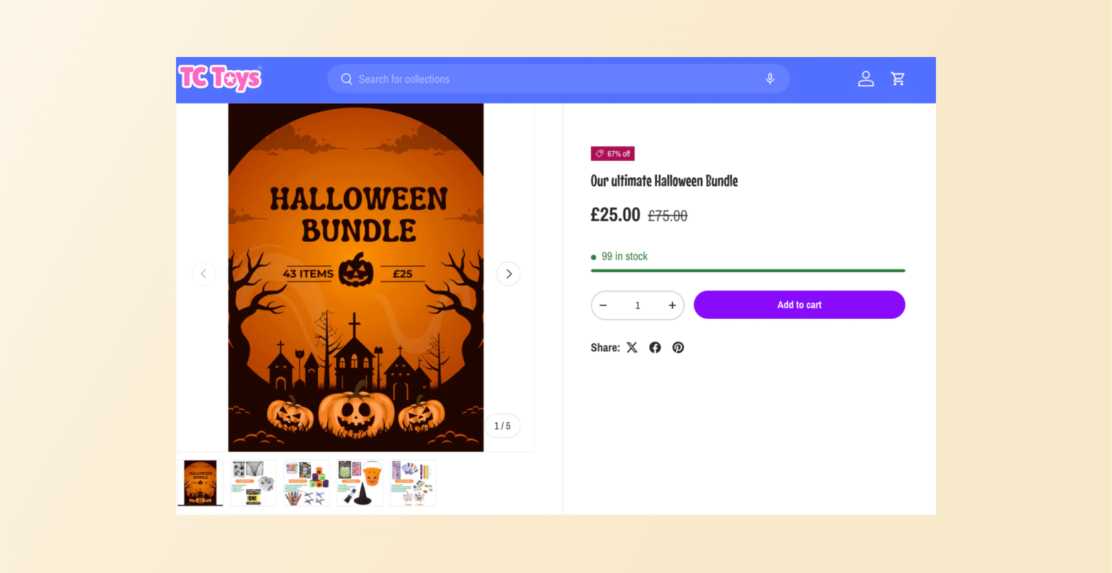 Product page mockup: Halloween Bundle poster on left, price &pound;25 and Add to cart on right with stock status shown.