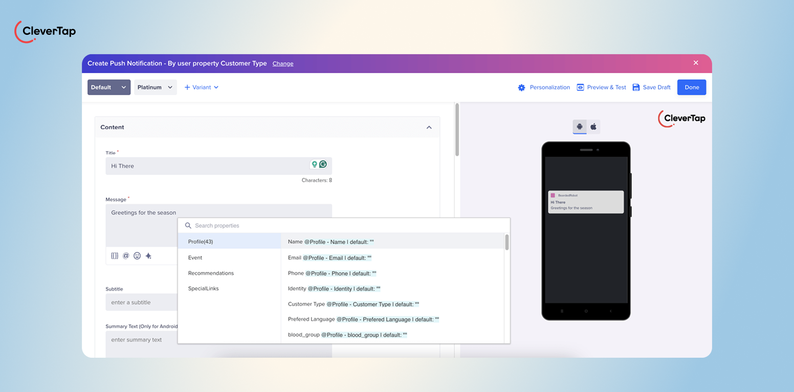 Screenshot of CleverTap dashboard showing a push notification creation screen with personalization options and a mobile preview on the right.