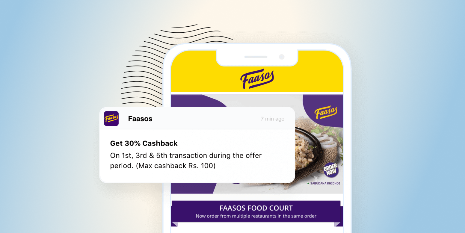 Smartphone screen showing the Faasos app with a floating alert that says Get 30% Cashback on first, third and fifth transactions during the offer period.