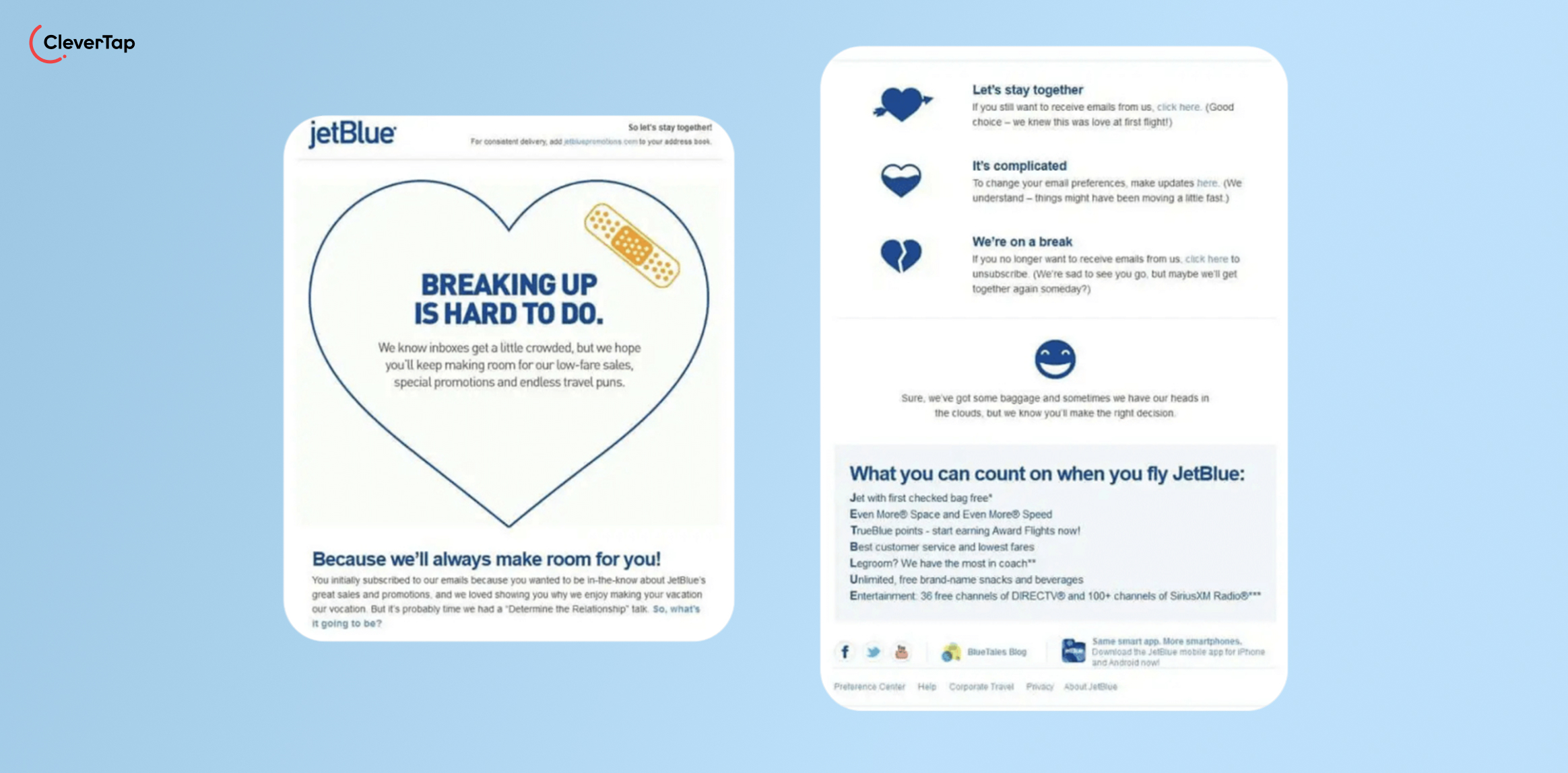 JetBlue infographic showing a large heart with a bandage and the headline 'Breaking Up Is Hard To Do' about email promotions and inbox clutter.