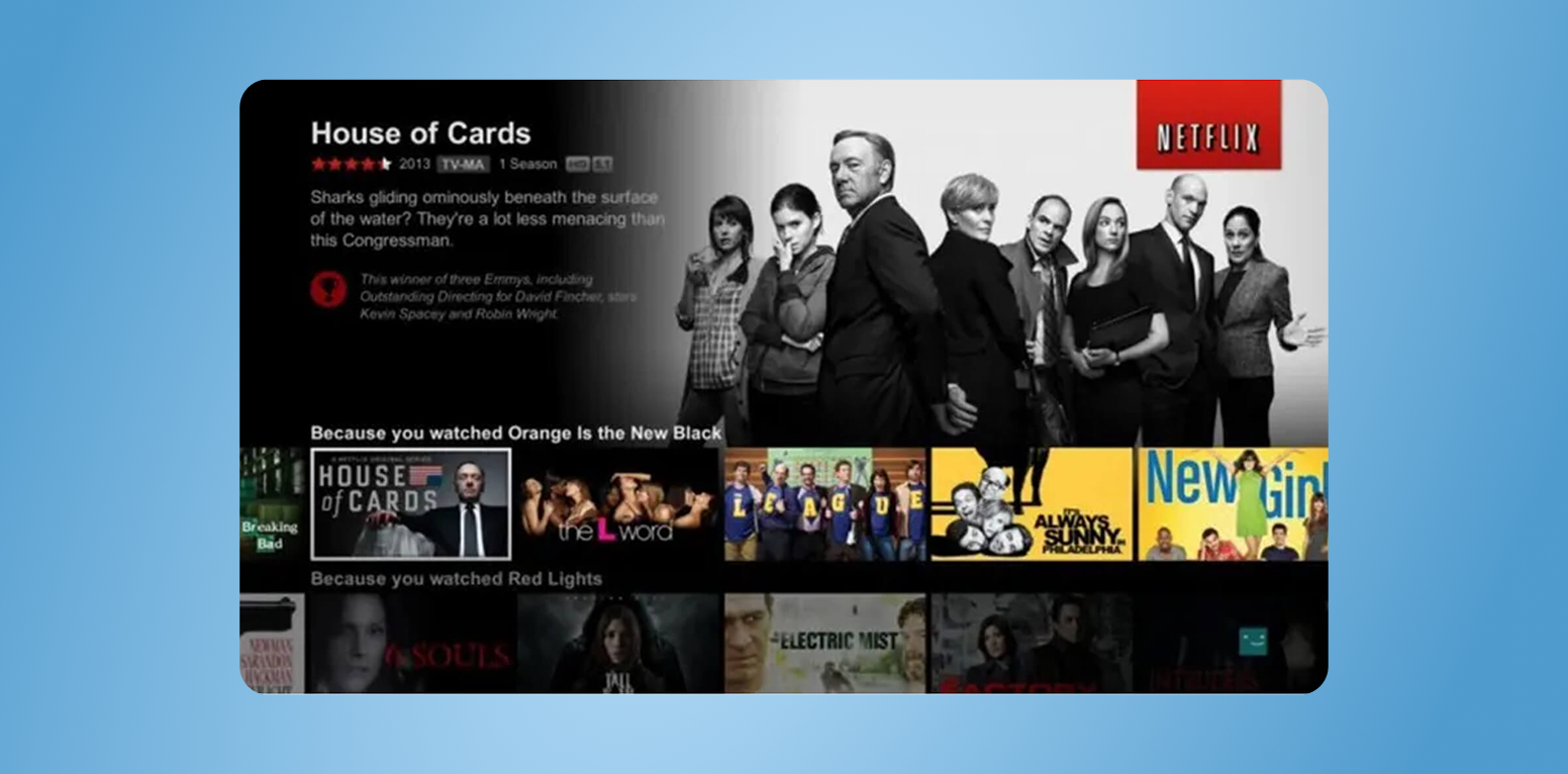 Promotional Netflix banner for House of Cards: grayscale cast image on the right with colorful show tiles below and Netflix label in the top-right corner.