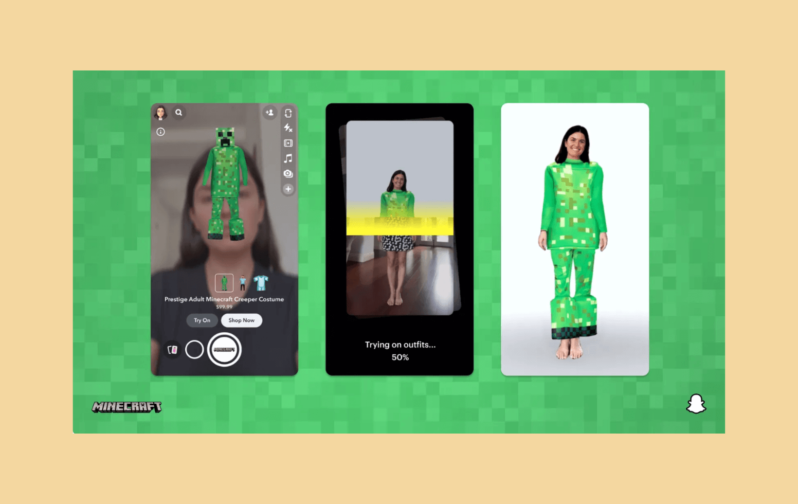 Promotional image showing a green Minecraft Creeper costume displayed on a model across three screens, with a Minecraft logo in the corner and a pixelated green background.