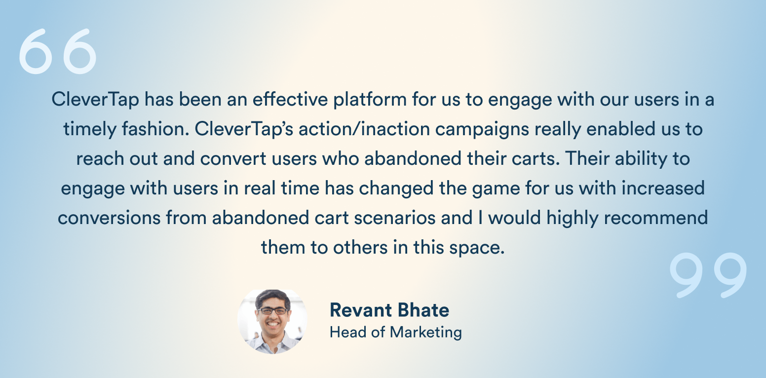 Testimonial graphic with a positive quote about CleverTap attributed to Revant Bhate, Head of Marketing, shown with his headshot on a gradient background.