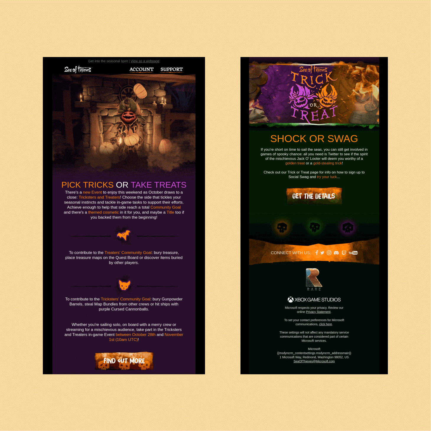 Sea of Thieves Halloween promo: left panel shows 'PICK TRICKS OR TAKE TREATS' on a dark purple background with pumpkins and goblins art.