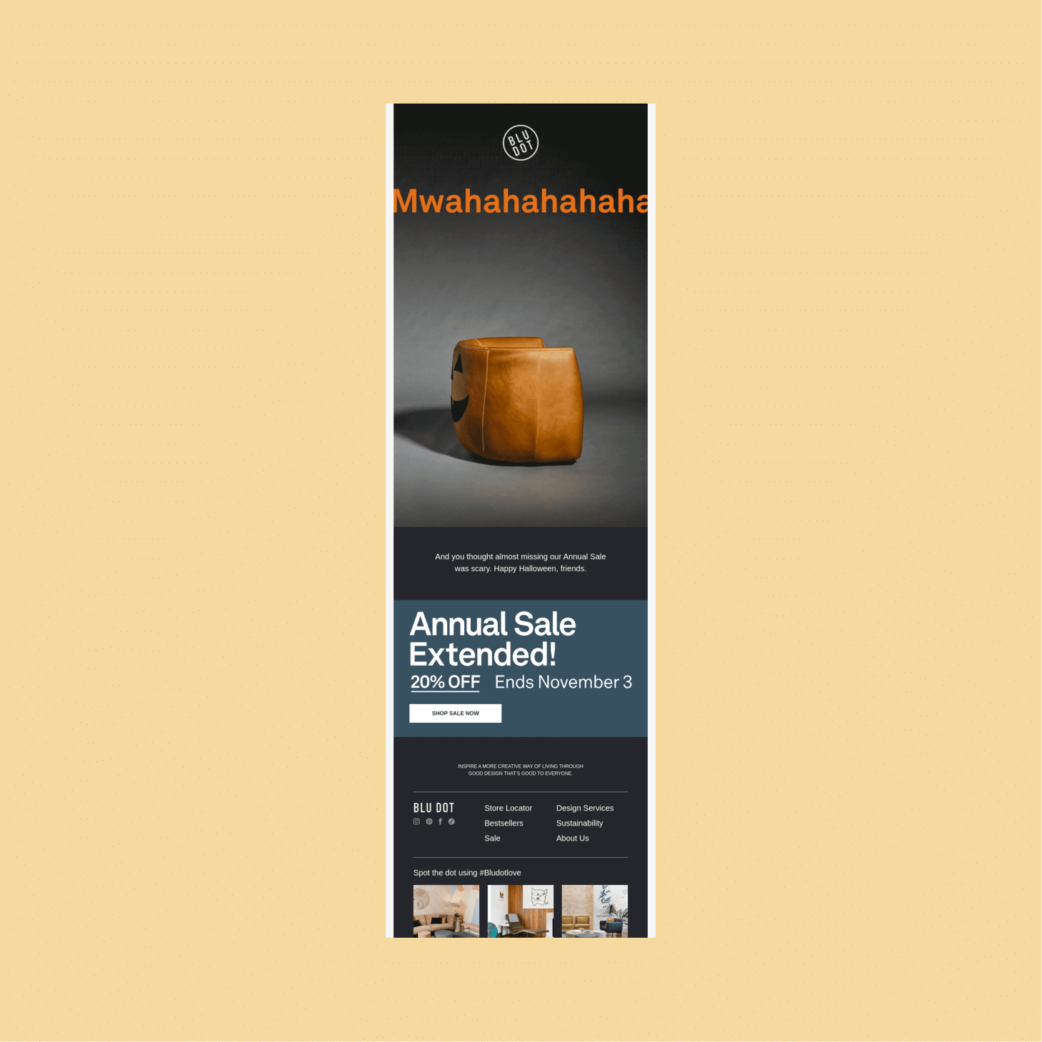 Blu Dot promotional vertical banner: orange headline over grey gradient with a brown leather ottoman, announcing an extended annual sale and 20% off ends Nov 3