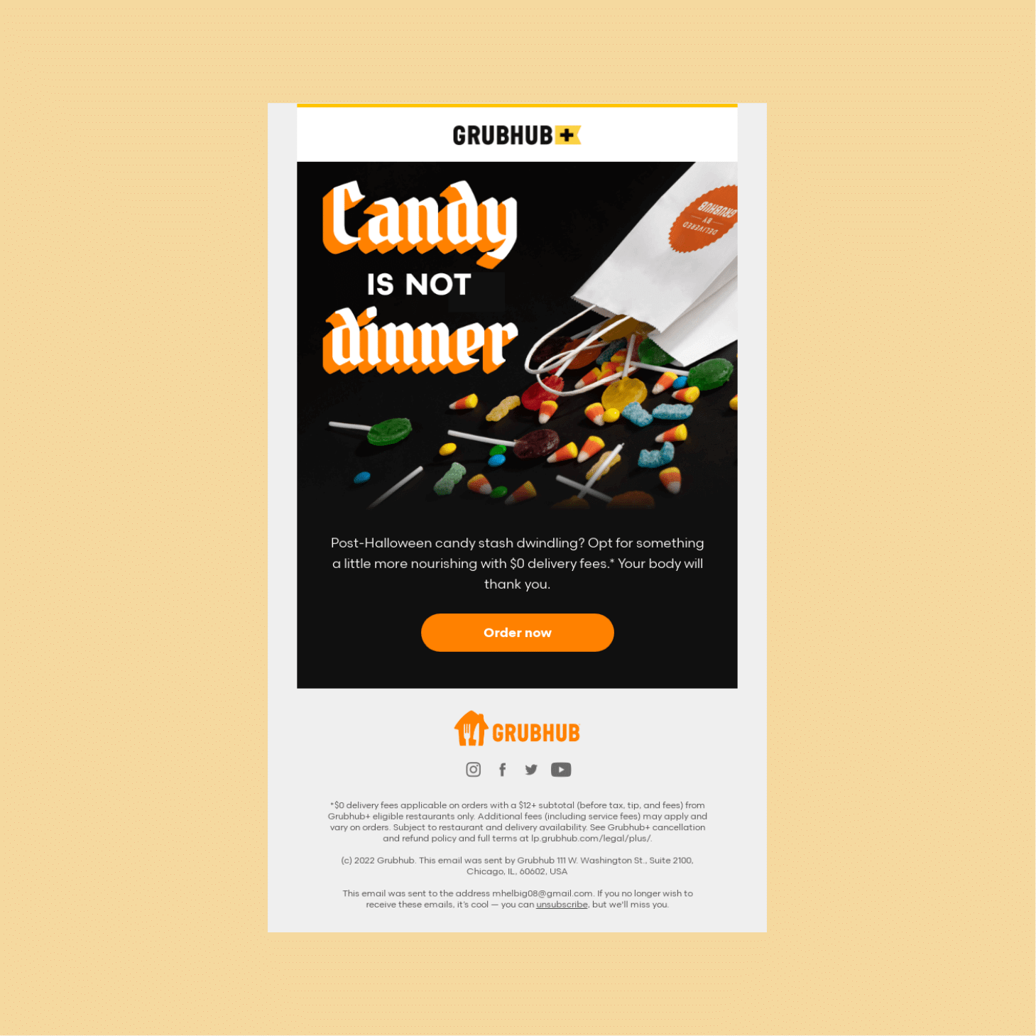 Grubhub ad: black poster with orange and white candy, reads 'Candy is not dinner' and shows an orange 'Order now' button.