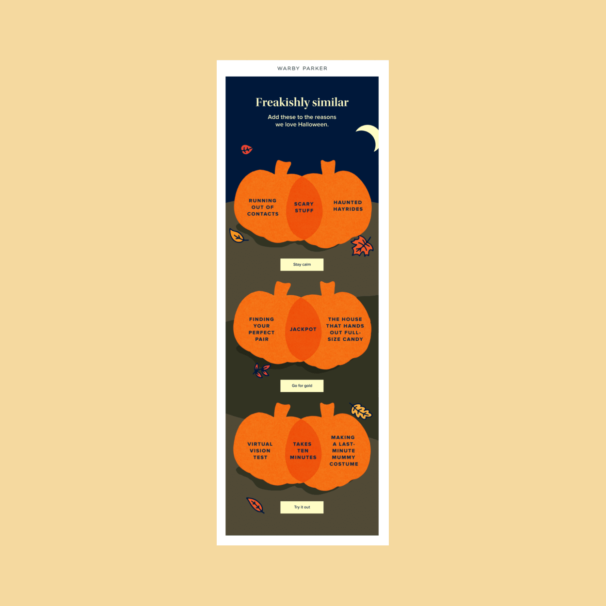 Infographic panel titled Freakishly similar showing orange pumpkins with Halloween captions and small category labels by Warby Parker.