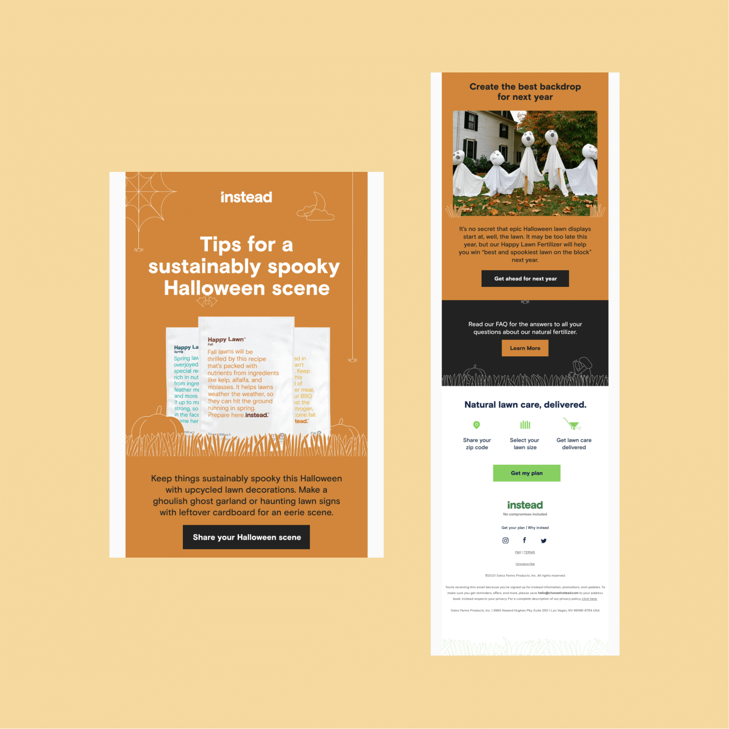 Promotional orange infographic about sustainable Halloween ideas with pumpkins and spider webs (tips for a spooky, eco-friendly lawn).