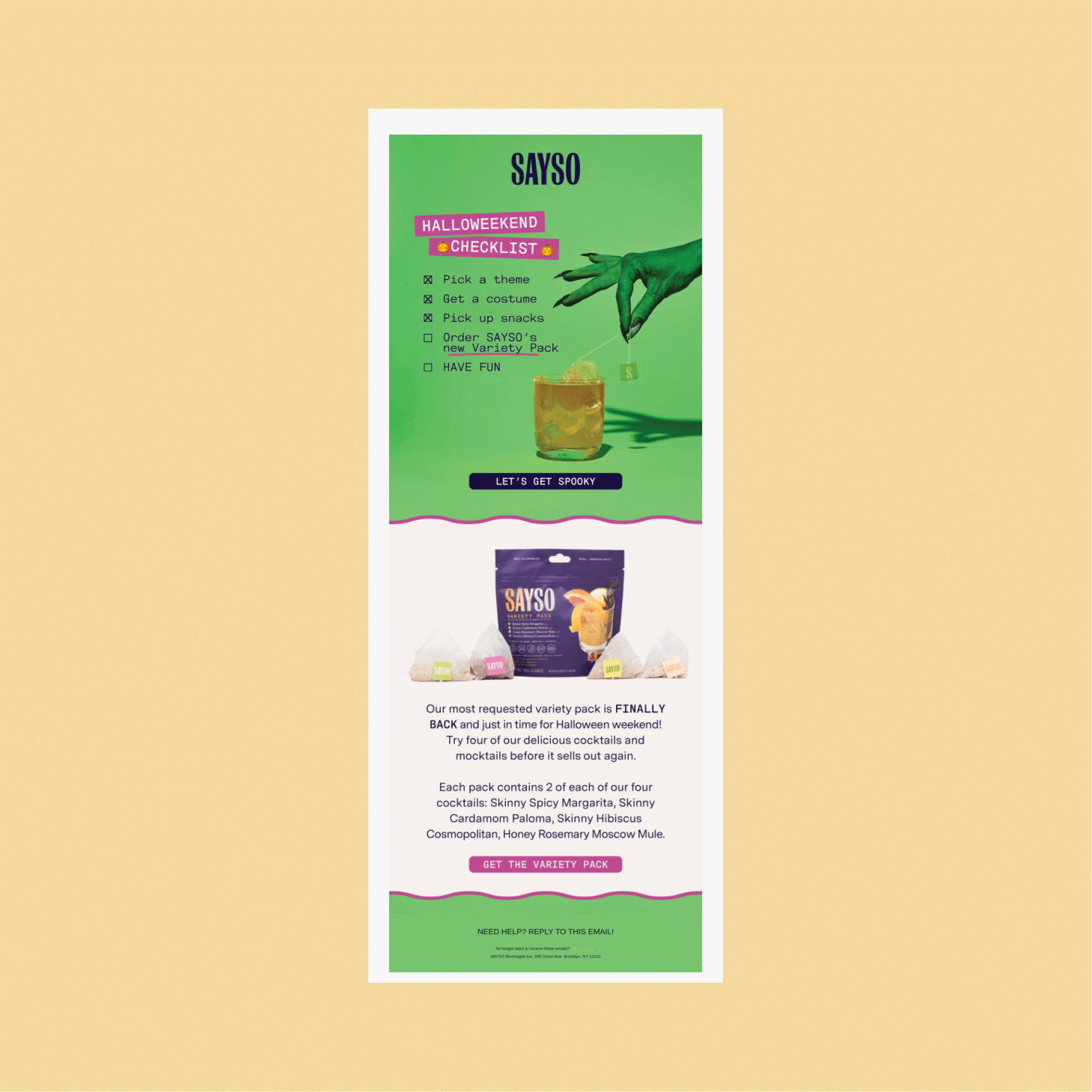 Green SAYSO poster titled 'Halloween Weekend Checklist' with a hand stringing a tag over a glass and a 'Let's Get Spooky' button.