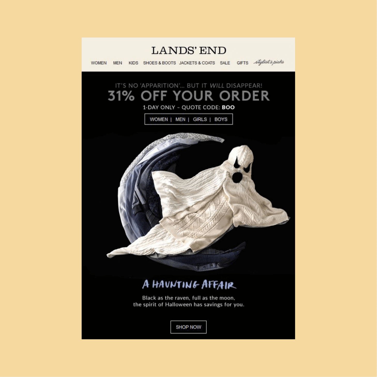 Lands' End Halloween sale banner: white ghost against black background with '31% off your order' promo and Shop Now button.