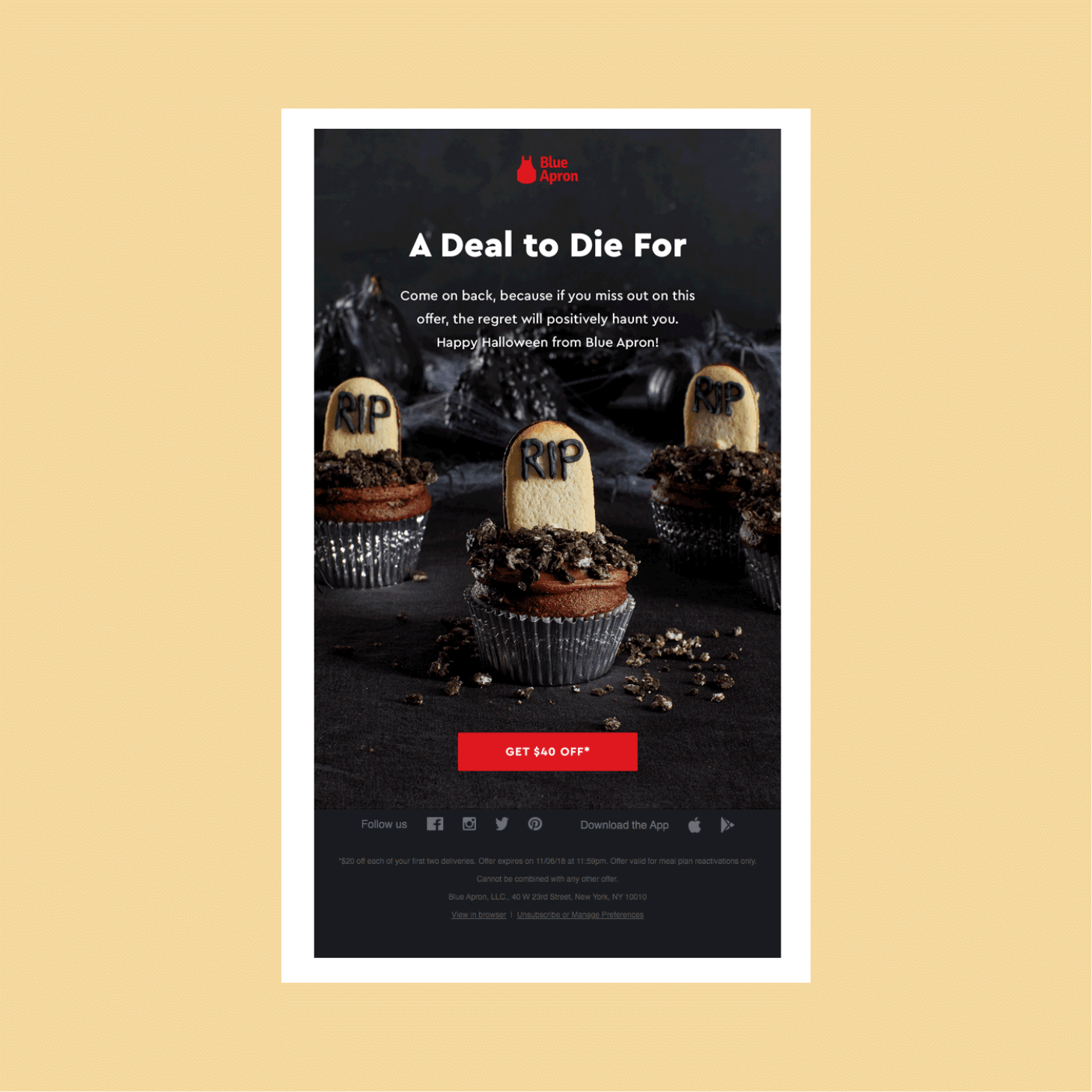 Blue Apron Halloween promo hero with eerie cupcakes and RIP toppers; includes a red 'Get $40 off' button