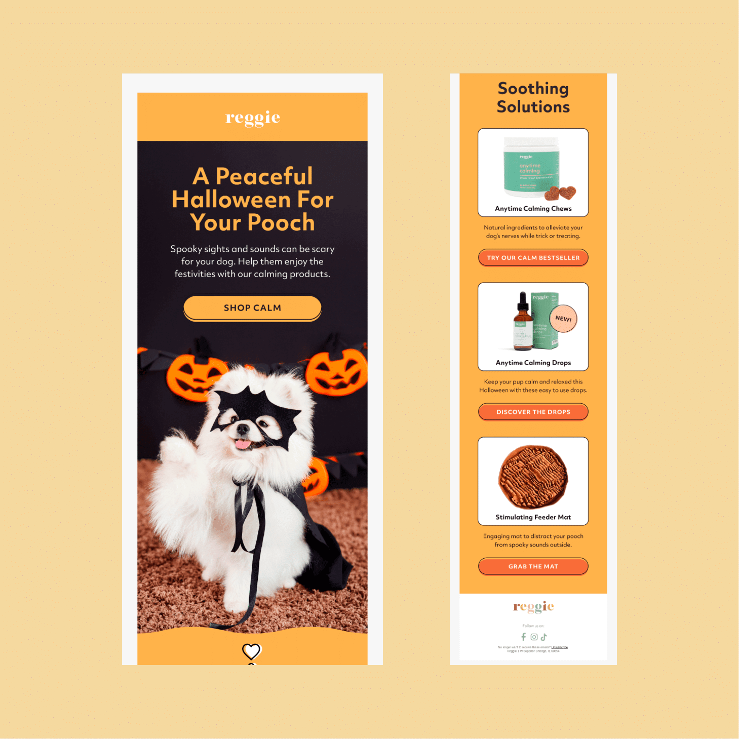 Promo with Halloween theme: dog in costume among pumpkins, advertising a peaceful Halloween for your pooch and calming products.