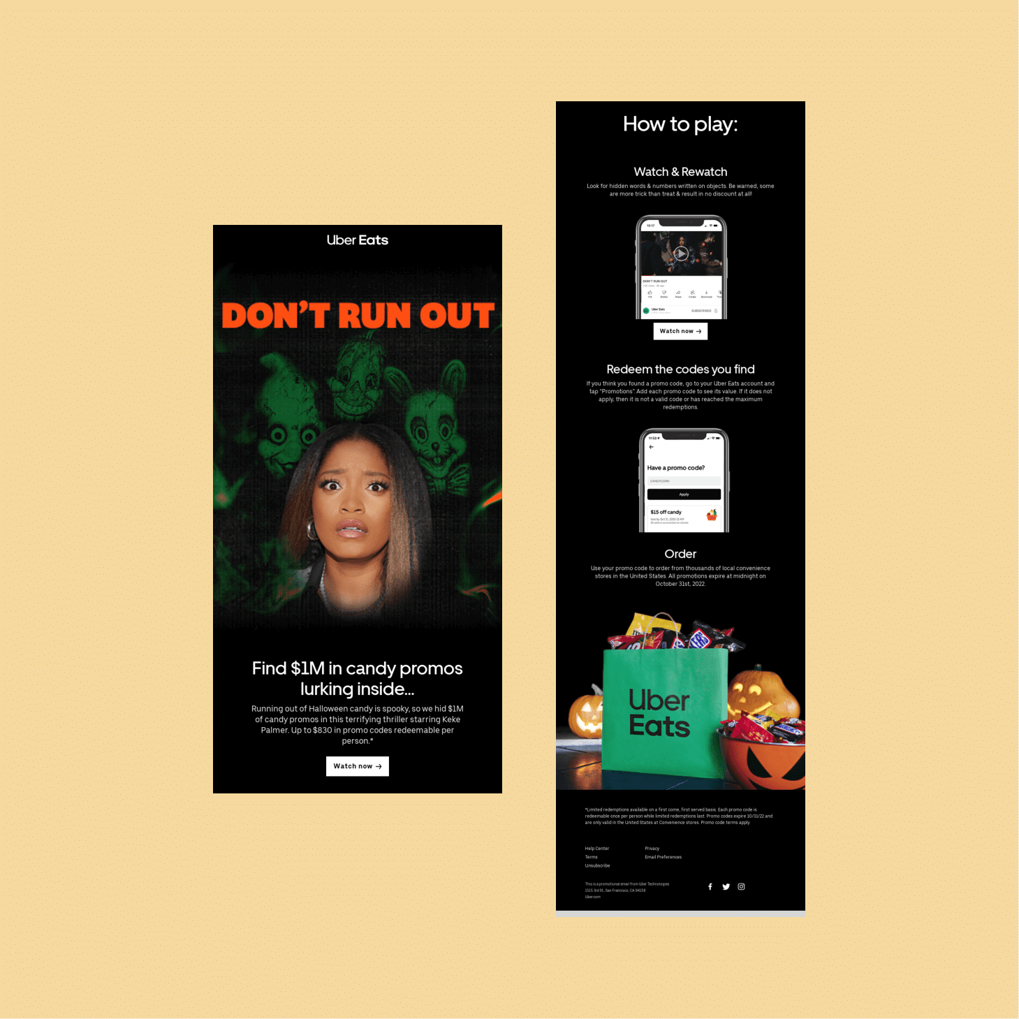 Pair of Uber Eats Halloween promo banners on a tan background; left poster shows 'DON'T RUN OUT' with a surprised woman and Halloween vibe, right poster shows 'How to play' instructions with a phone image and candy bag.