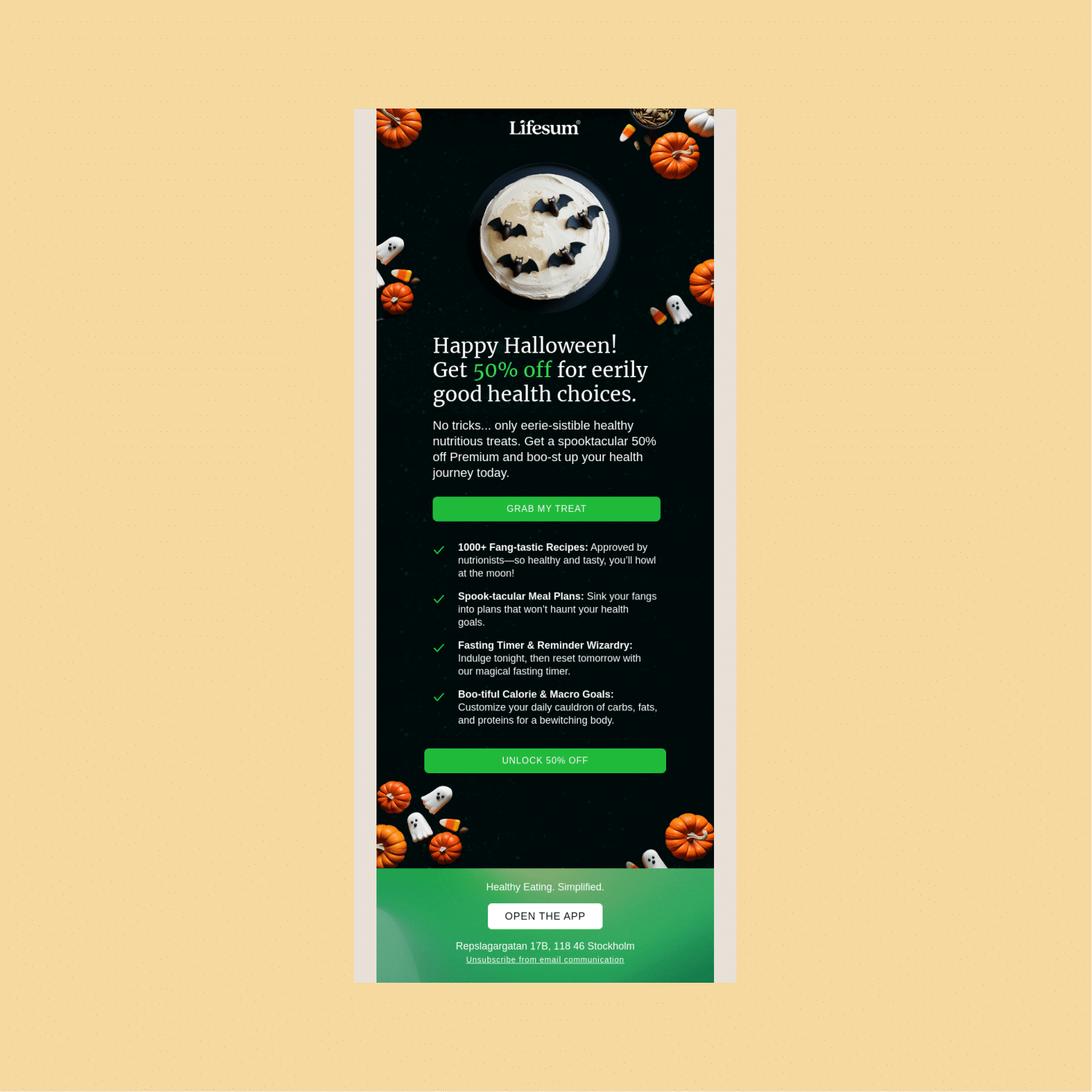 Promo Lifesum Halloween email with a dark background, pumpkins, and a green 'GRAB MY TREAT' button.
