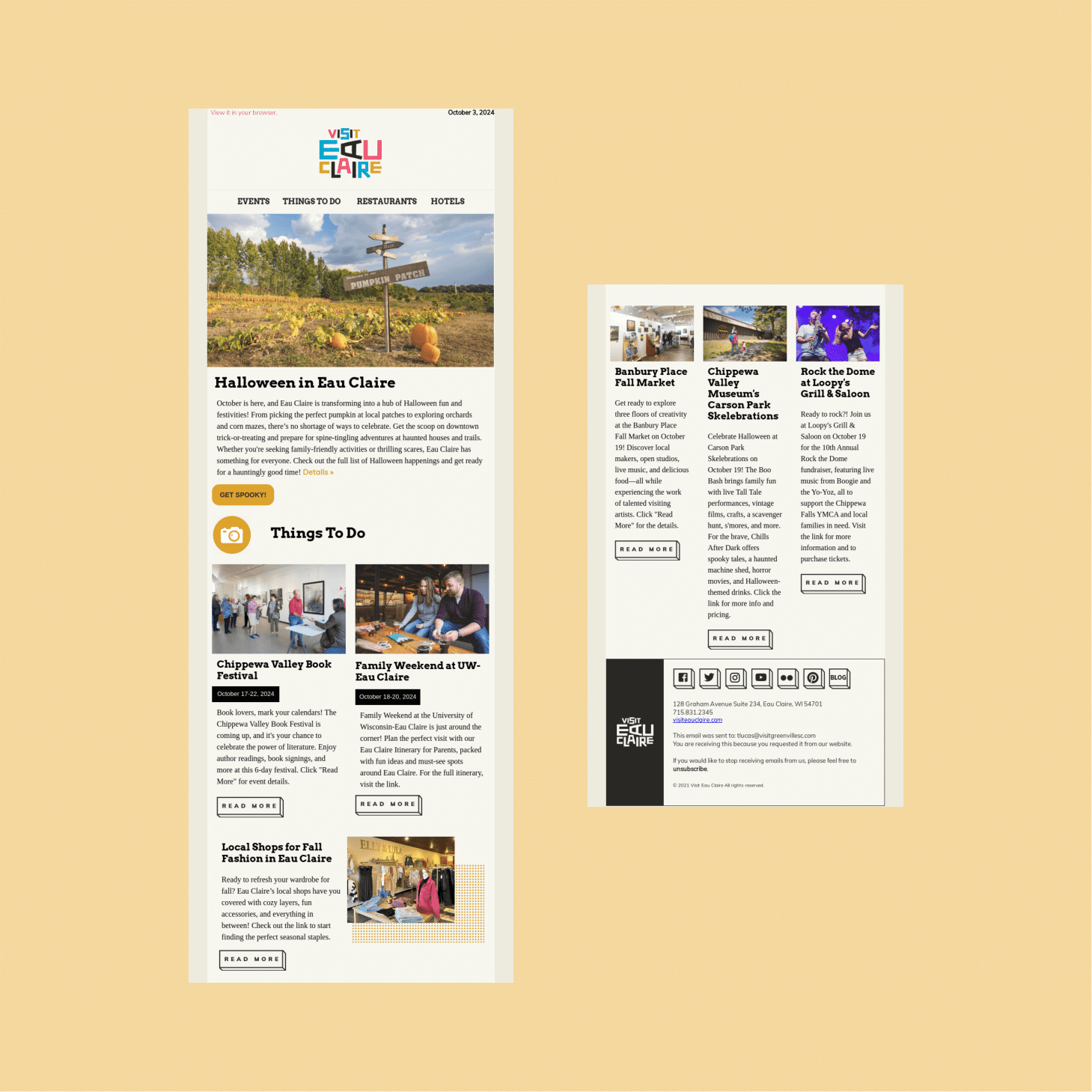 Mockup of Visit Eau Claire site: left column with Halloween in Eau Claire article; right column lists events and posts.