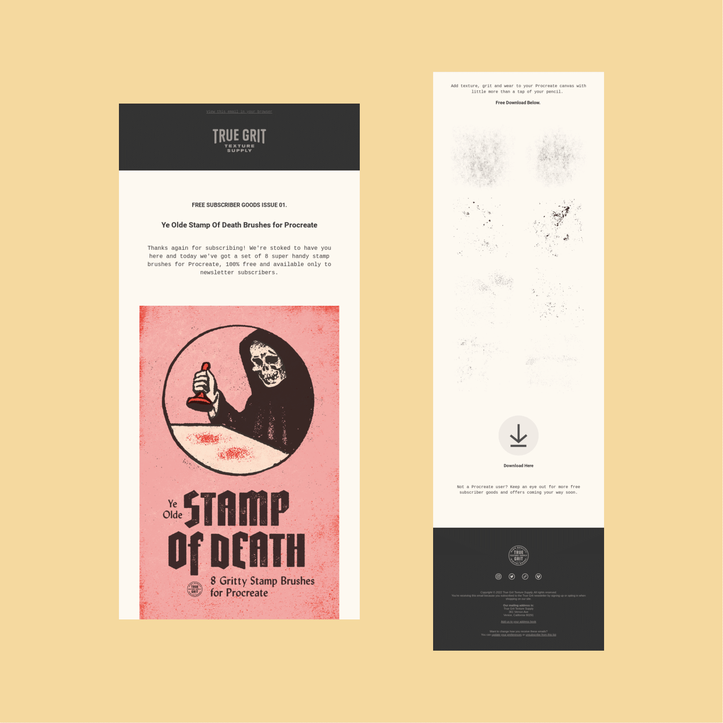 Two-column design mockup: left shows a newsletter with a dark header 'TRUE GRIT' and a pink 'Stamp of Death' poster; right shows a light page with texture stamps and a download icon at bottom.