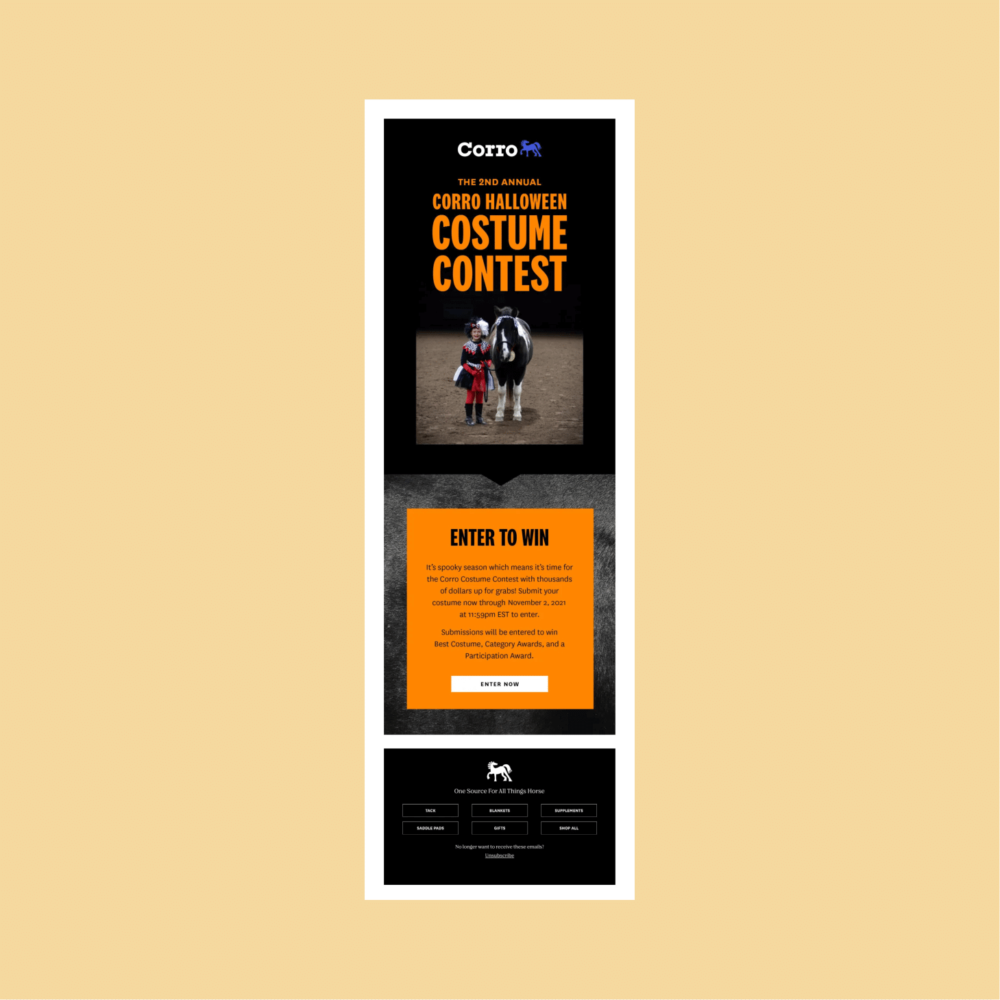Poster for Corro Halloween Costume Contest featuring a child in costume with a horse, orange text on black background, and a bright orange entry panel that reads Enter to Win.