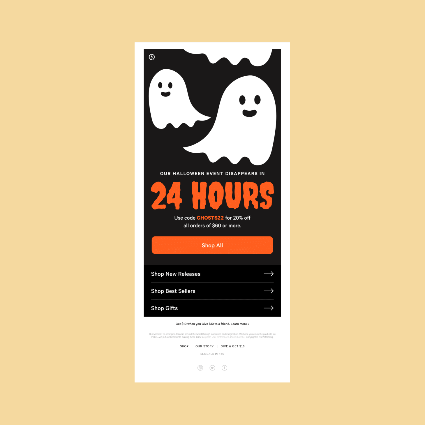 Halloween promo poster with white ghosts on black background and bold orange '24 HOURS' text; explains 20% off code GHOSTS22 for orders $60+. Includes orange 'Shop All' button.