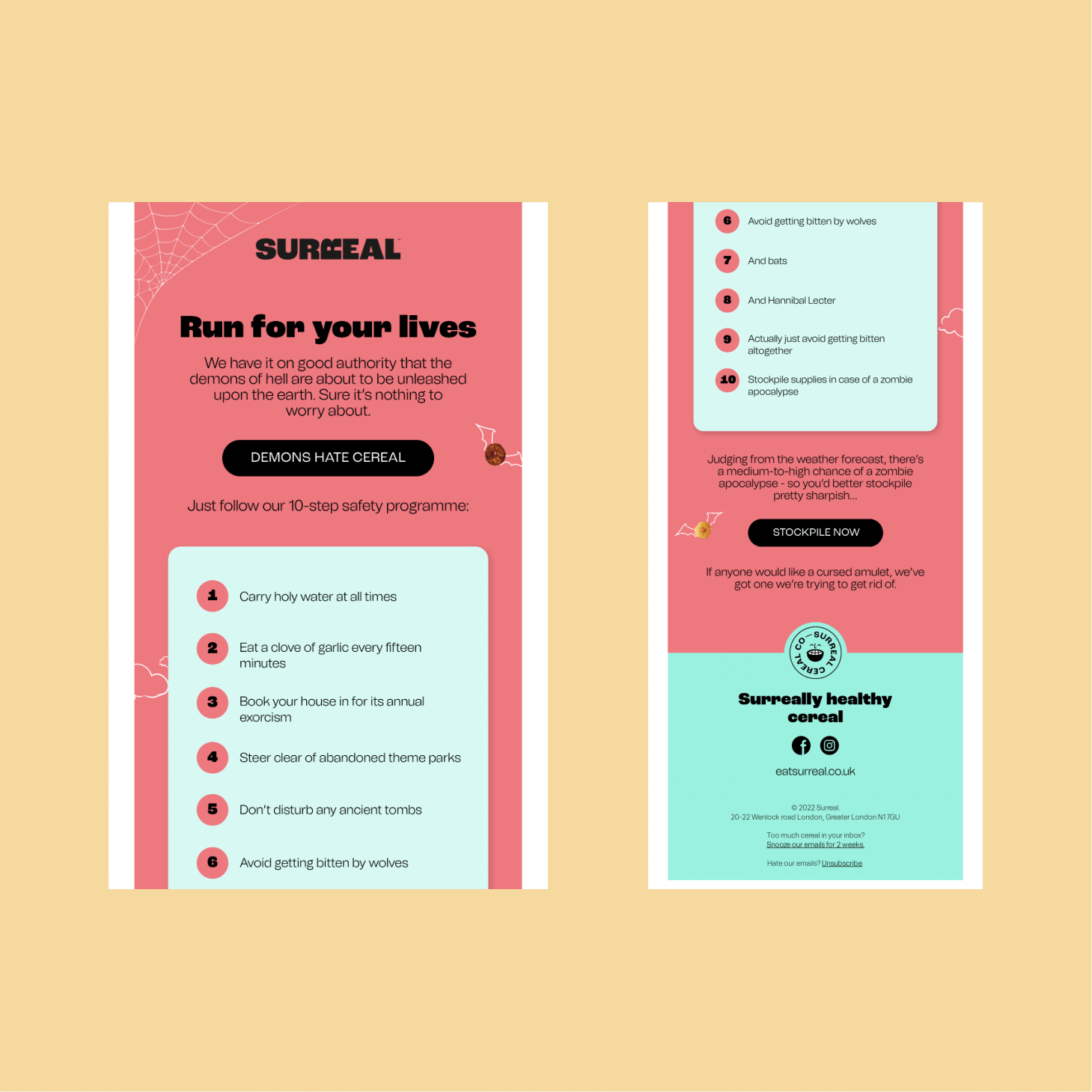 Two vertical posters side by side: pink survival flyer on left with headline 'Run for your lives' and a blue tip card beneath; mint accents on a peach background.